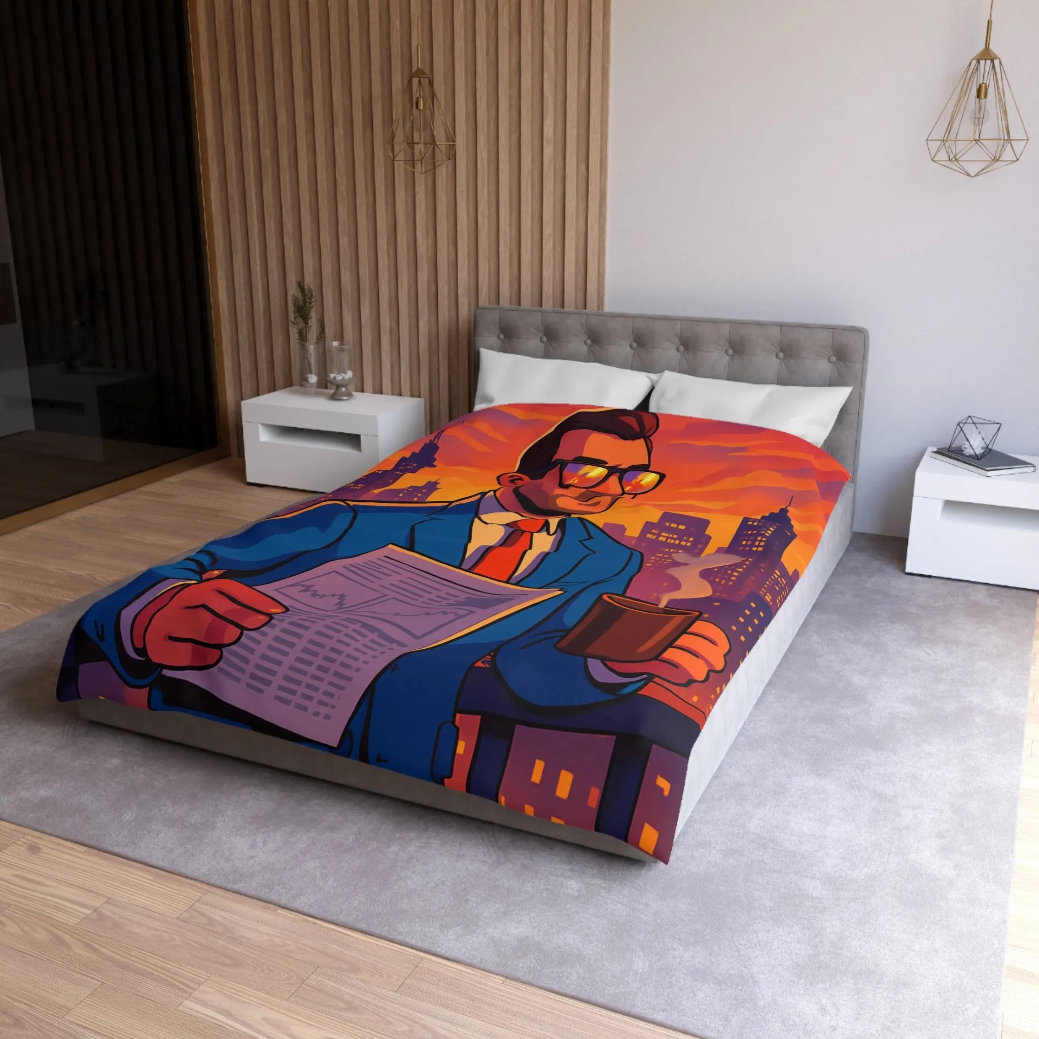 Housse de couette élégante avec silhouette urbaine et homme au coucher de soleil