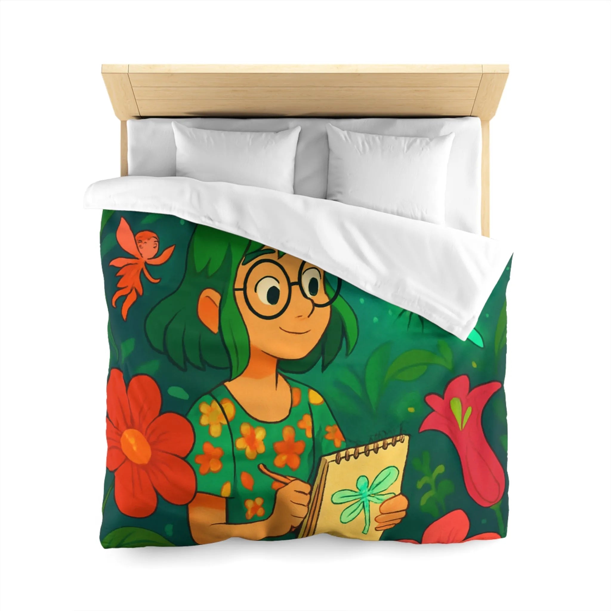 Housse de couette colorée avec fées et libellule dans un jardin enchanteur