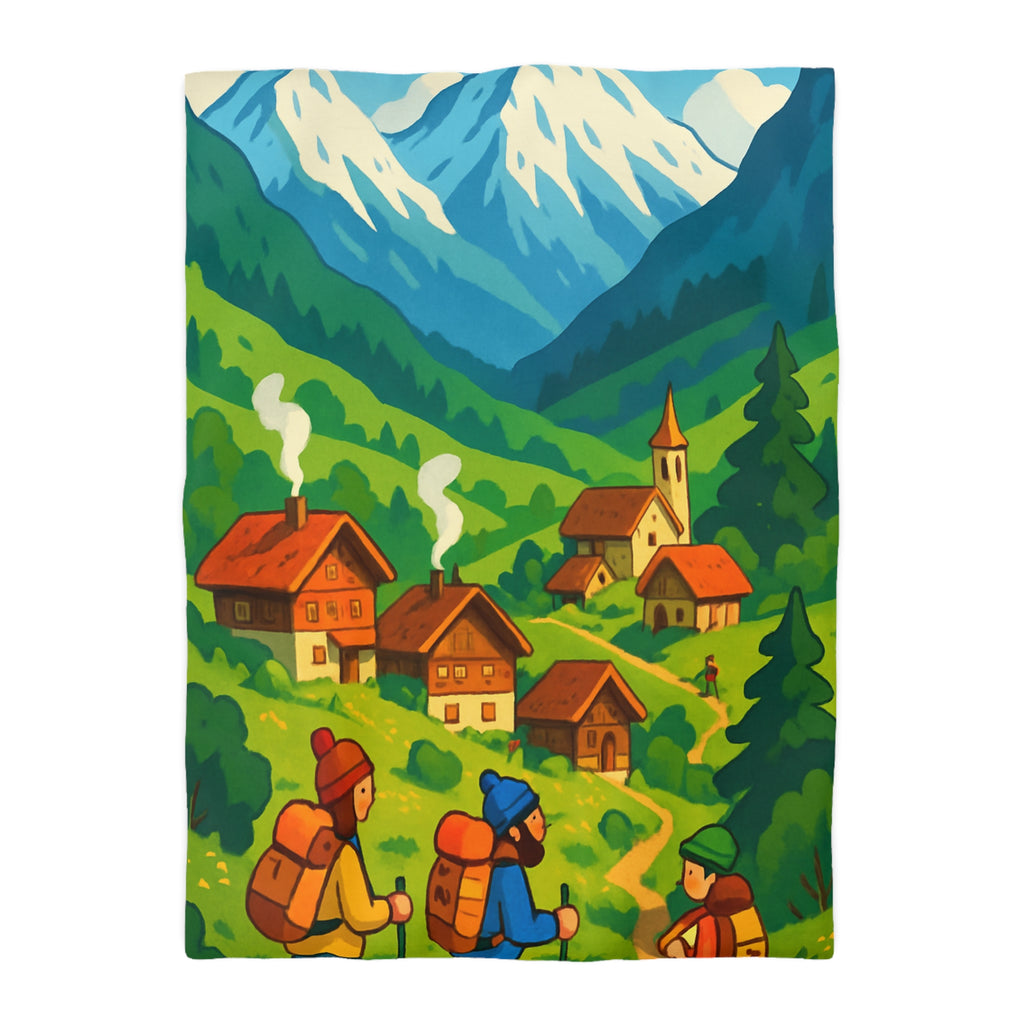 Housse de Couette Montagne avec Aventureurs, Chalets et Paysage Montagnard Enneigé