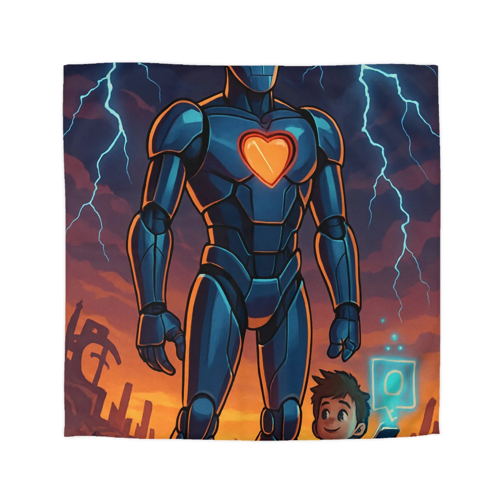 Housse de couette illustrée robot et enfant avec cœur lumineux et ciel orageux