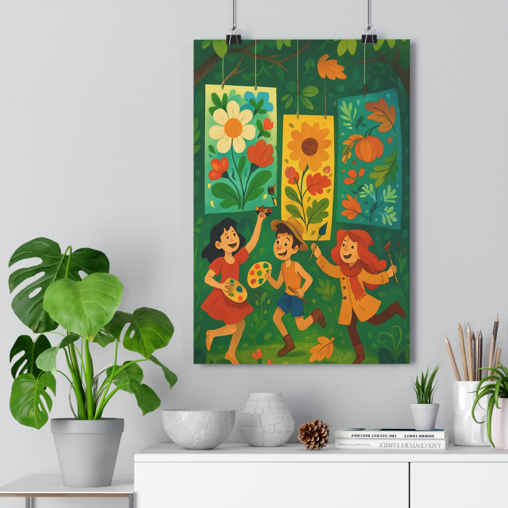 Poster décoratif floral enchanté vert jaune joyeux féerique chambre enfant nature magique illustration colorée