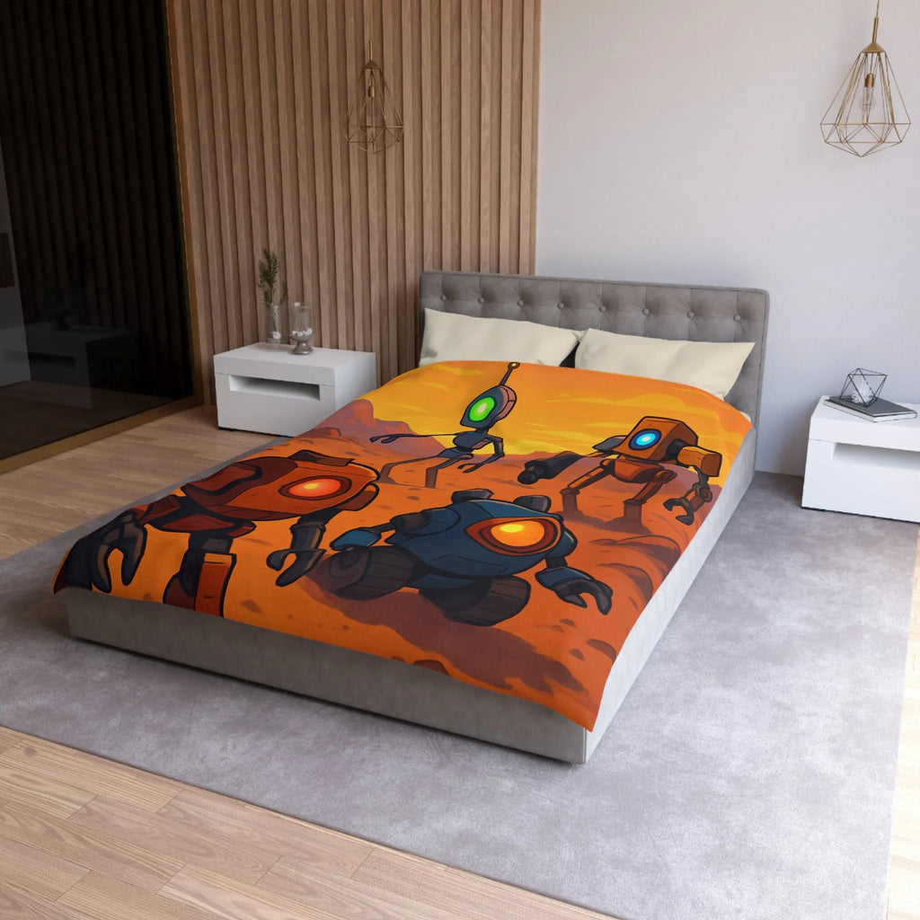 Housse de couette avec robots colorés dans un paysage désertique au coucher du soleil