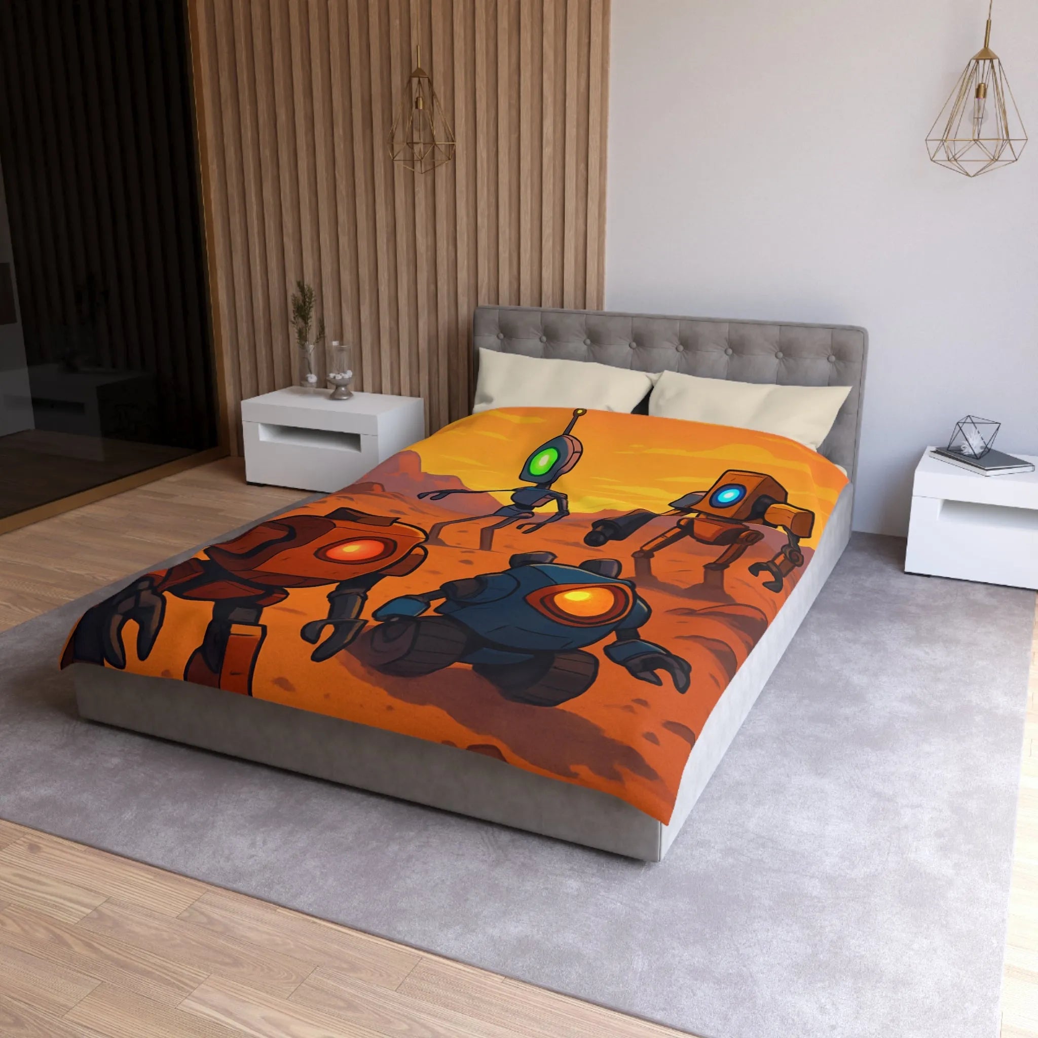 Housse de couette avec robots colorés dans un paysage désertique au coucher du soleil