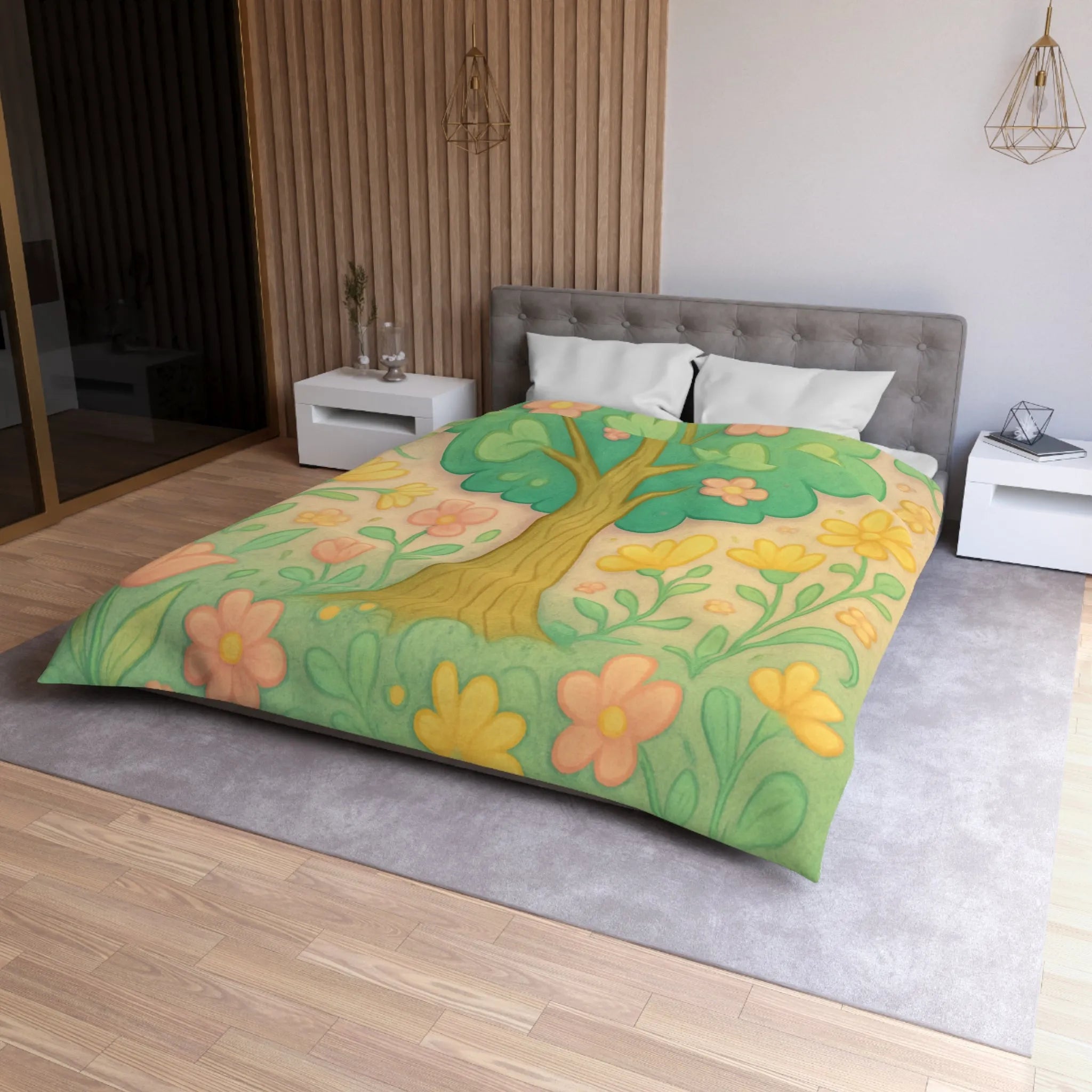 Housse de couette illustrée d'arbre fleuri et printemps avec couleurs douces pour chambre