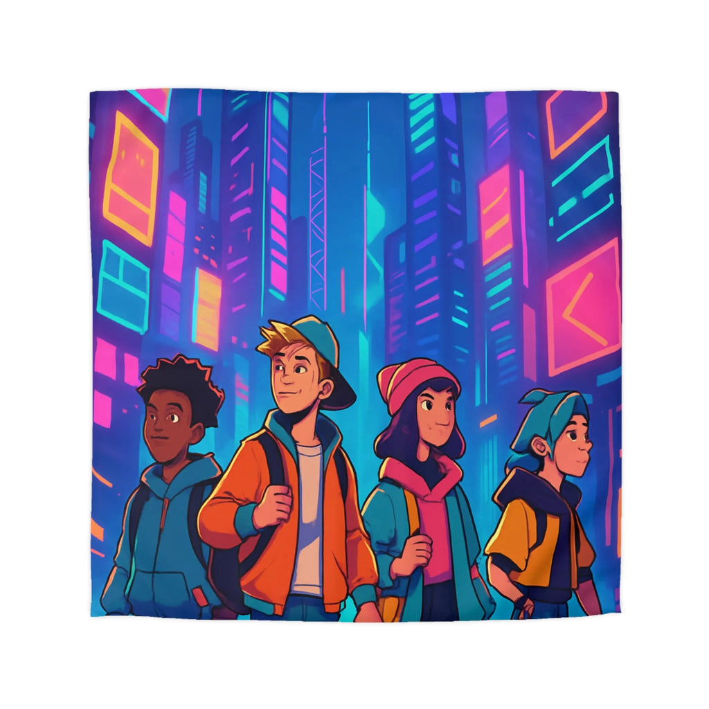 Couette Futuriste Enfants Explorateurs Style Rétro-Cyberpunk avec Néons Colorés pour Chambre Moderne