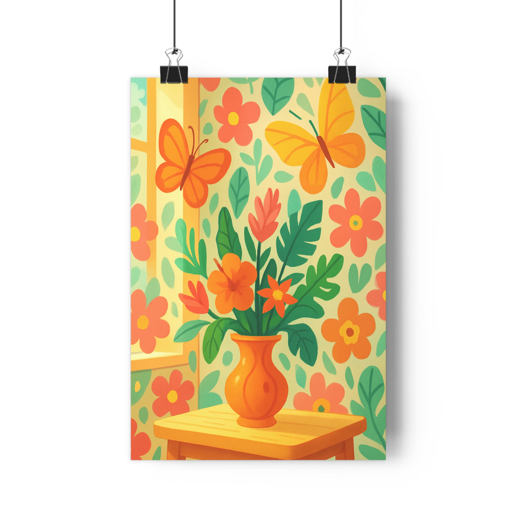 Poster décoratif floral vibrant orange vert cartoon joyeux salon chambre design artistique papillon coloré