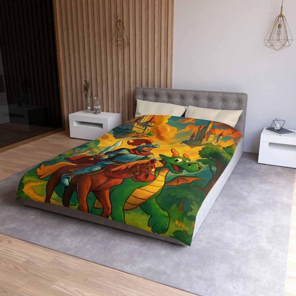 Housse de couette médiévale colorée avec chevalier, dragon et châteaux flottants fantastiques