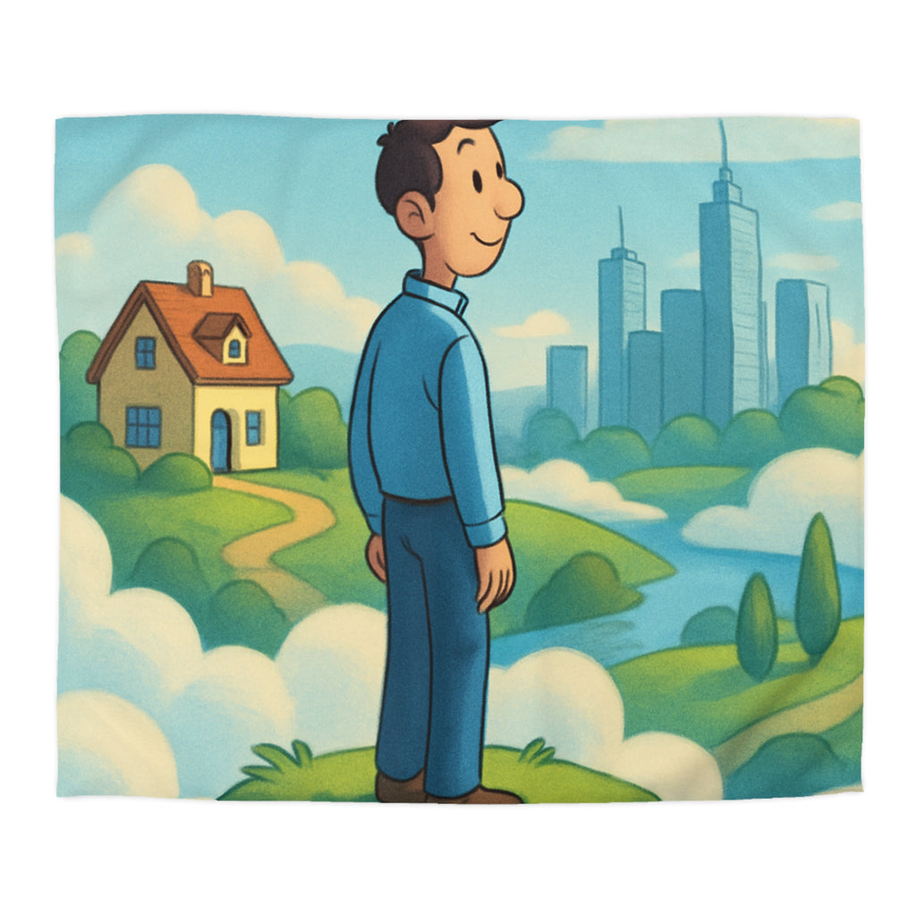 Illustration de rêve serein de paysage flottant avec personnage et ville éloignée