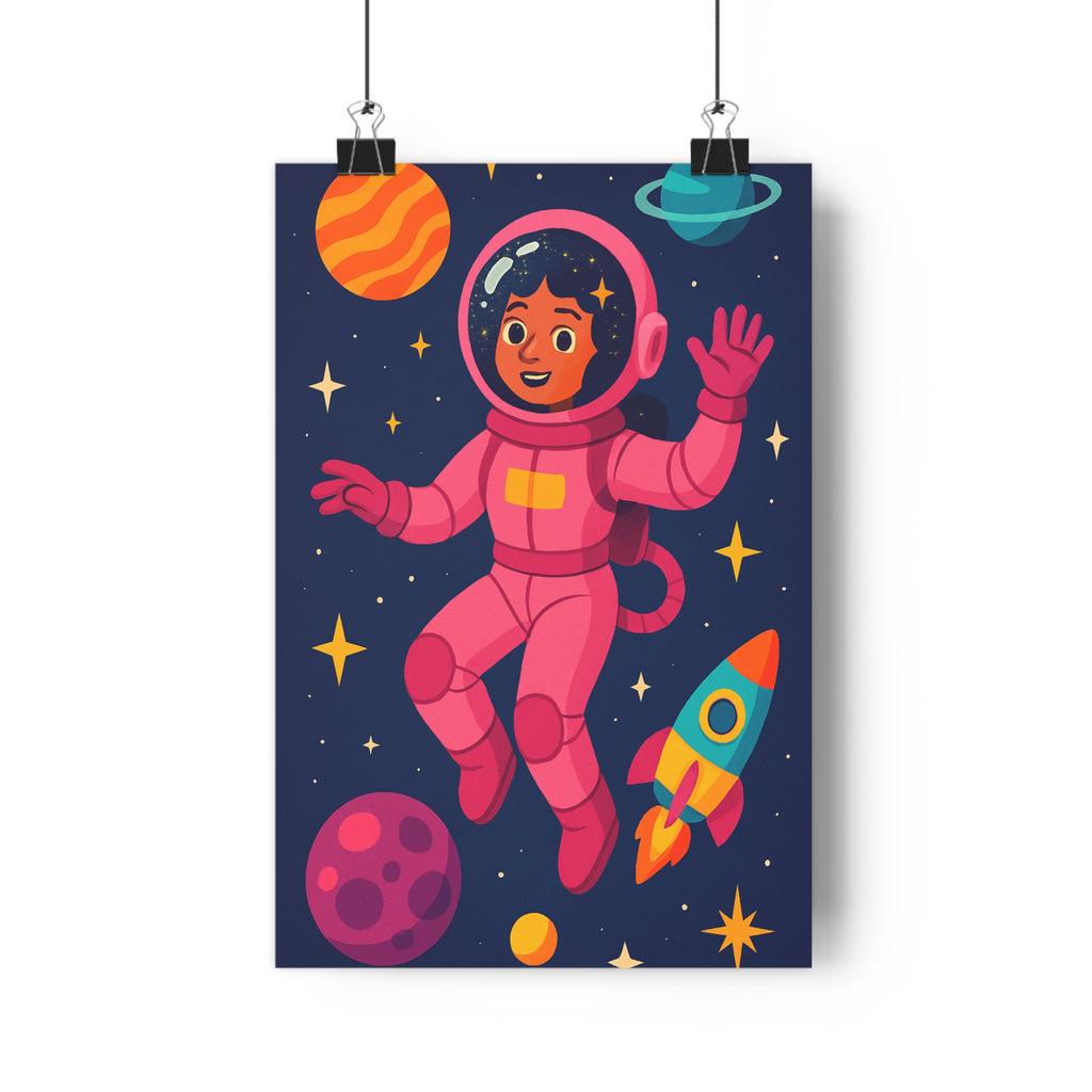 Poster décoratif intergalactique rose anime futuriste joyeux aventure chambre enfant étoile planète vibrant qualité