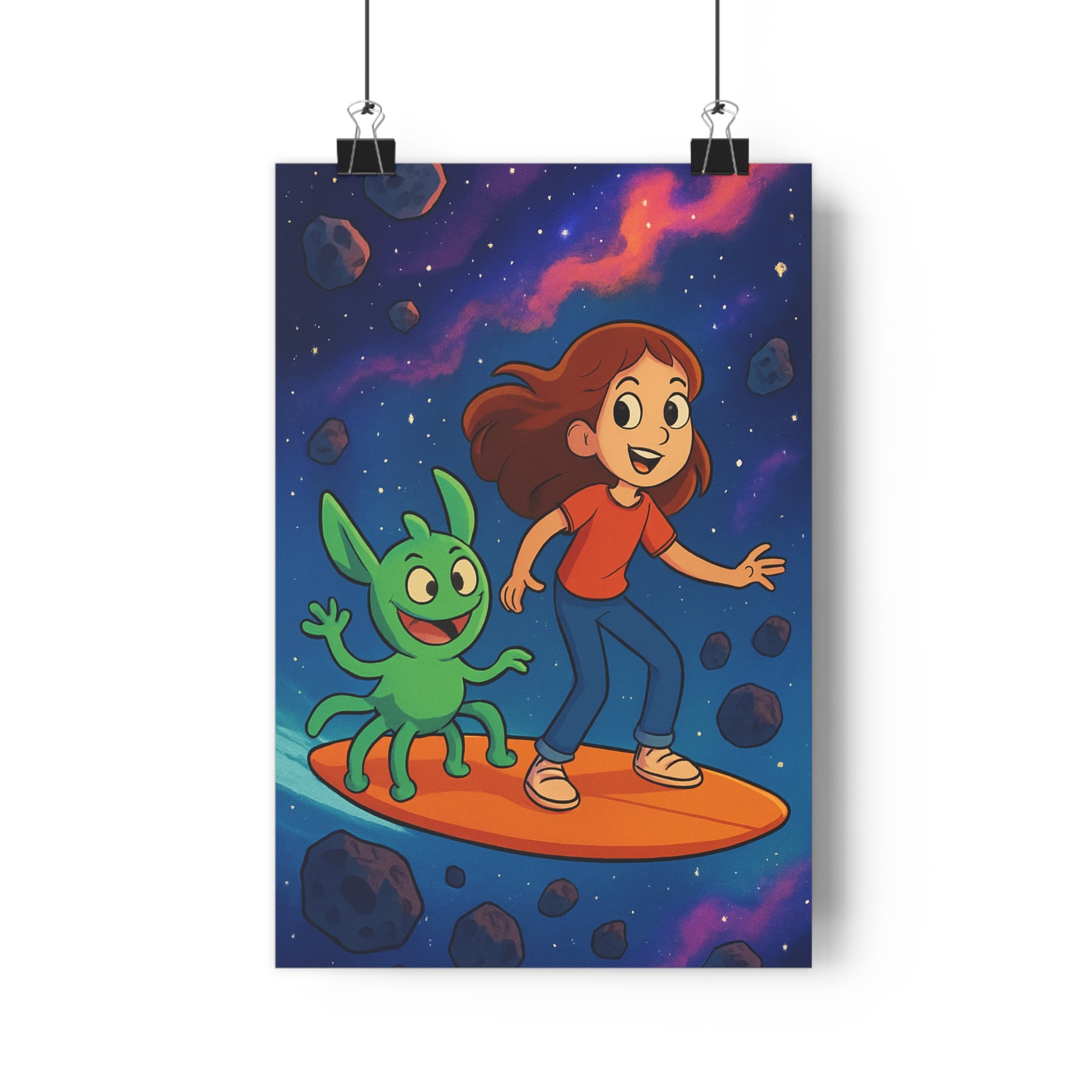 Poster décoratif cartoon sciencefiction bleu rose enfant aventure chambre ludique créature fille voyage étoilé
