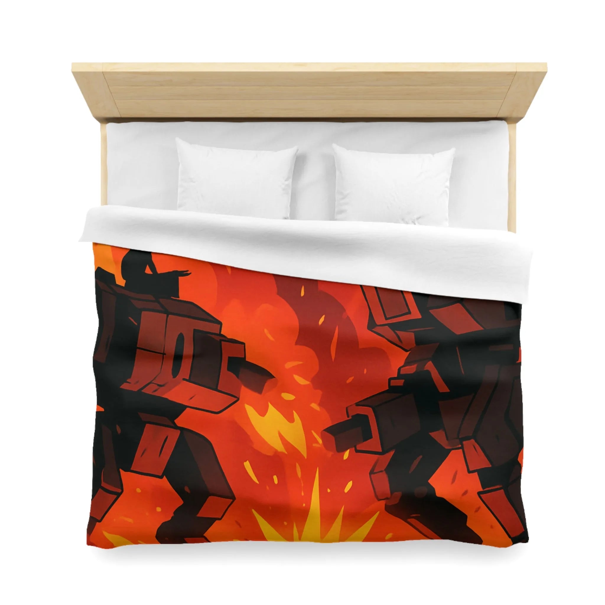 Housse de couette avec robots géants dans un duel épique sous ciel enflammé