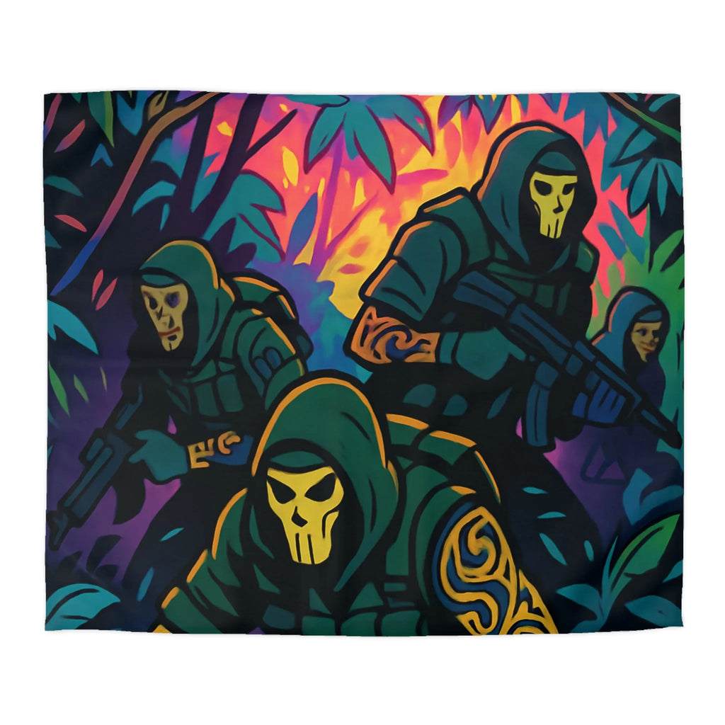 Housse de couette graphique avec motif de soldats masqués dans une jungle colorée