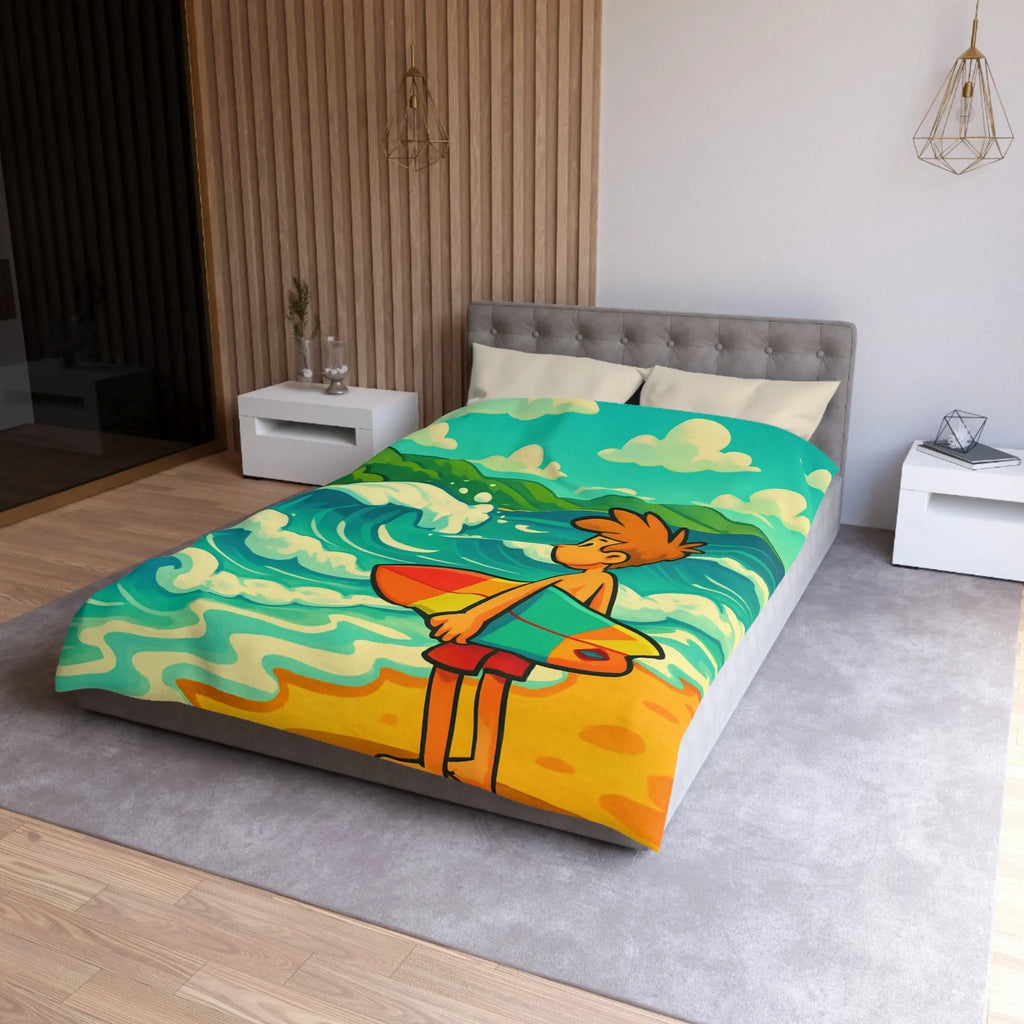 Housse de couette avec dessin coloré de plage pour enfants et surfeur