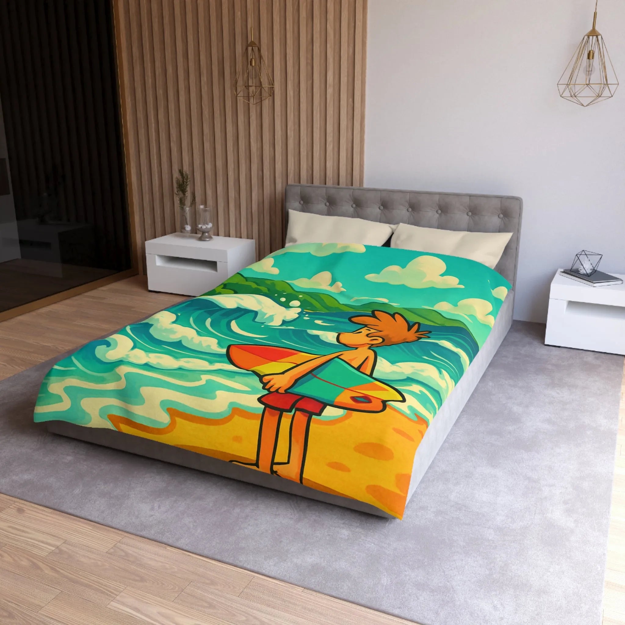 Housse de couette avec dessin coloré de plage pour enfants et surfeur
