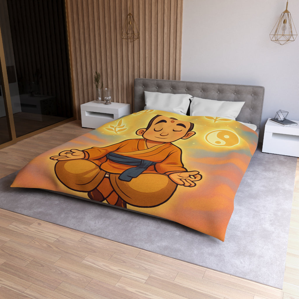 Housse de couette zen avec méditation, symboles spirituels, orange et bleu apaisant