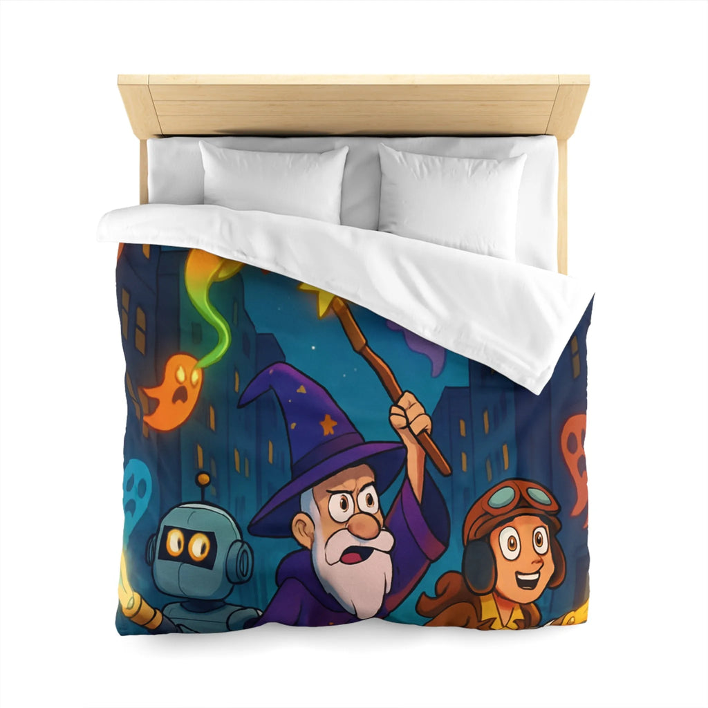 Housse de couette magique avec fantômes colorés, sorcier et robot aventureux en ville nocturne