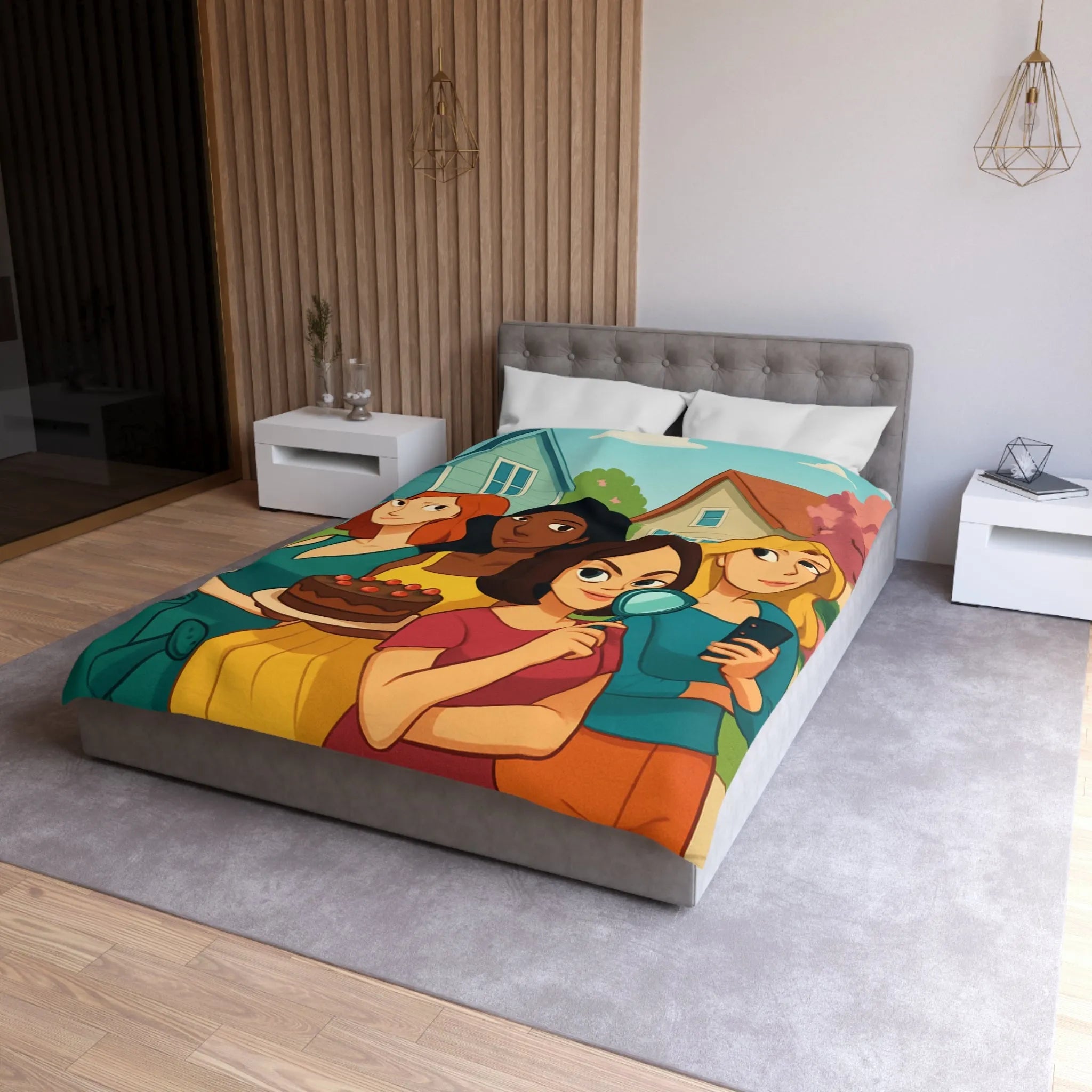Housse de Couette Illustrée Fête Femme Jardin avec Loupe Gâteau et Téléphone