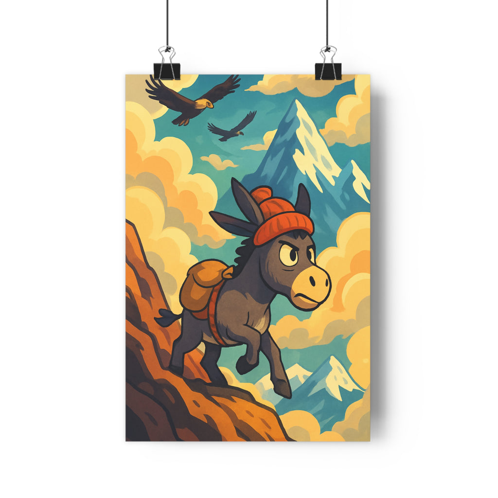 Poster décoratif aventure montagne âne courageux bonnet rouge paysage épique chambre salon coloré vibrant