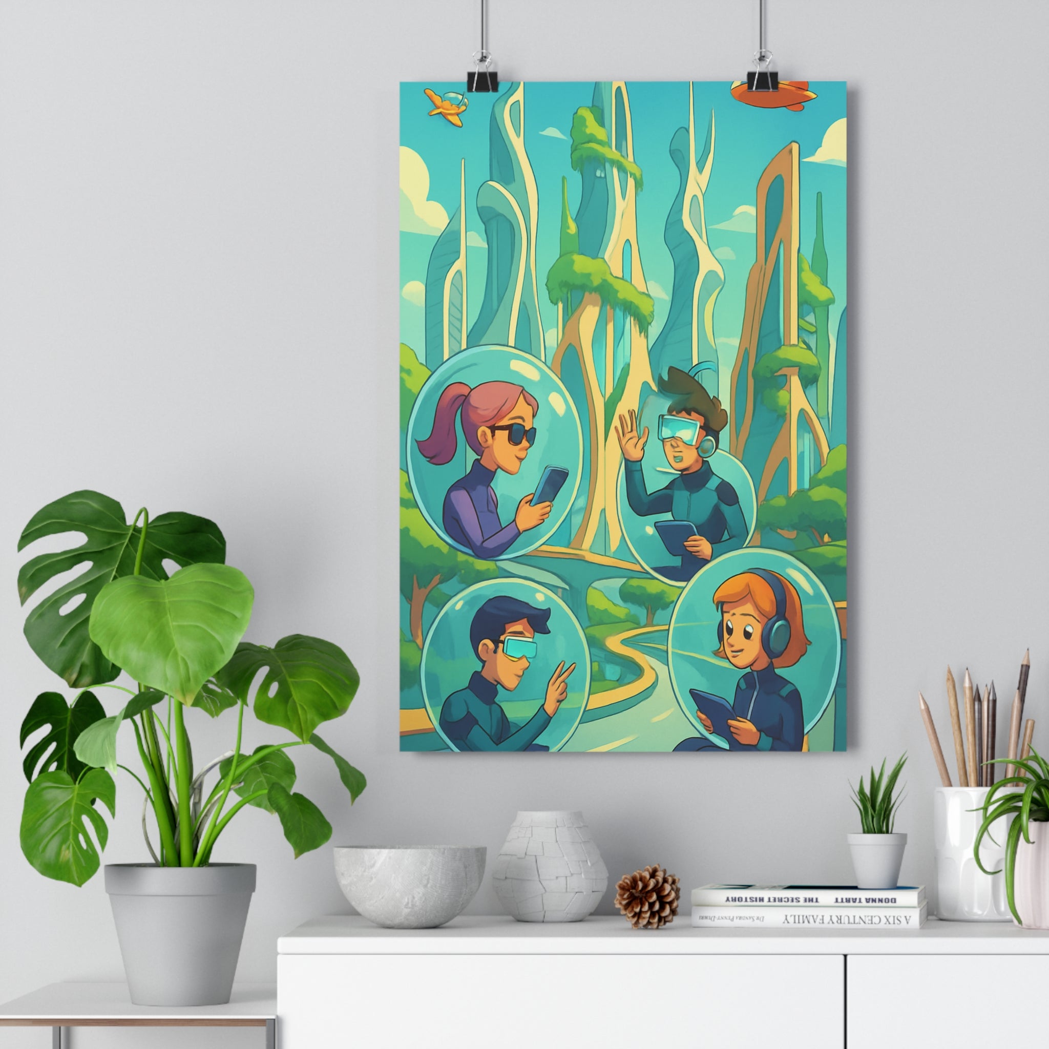 Poster décoratif futuriste bleu vert moderne énergique bureau chambre design innovation nature technologie dessin