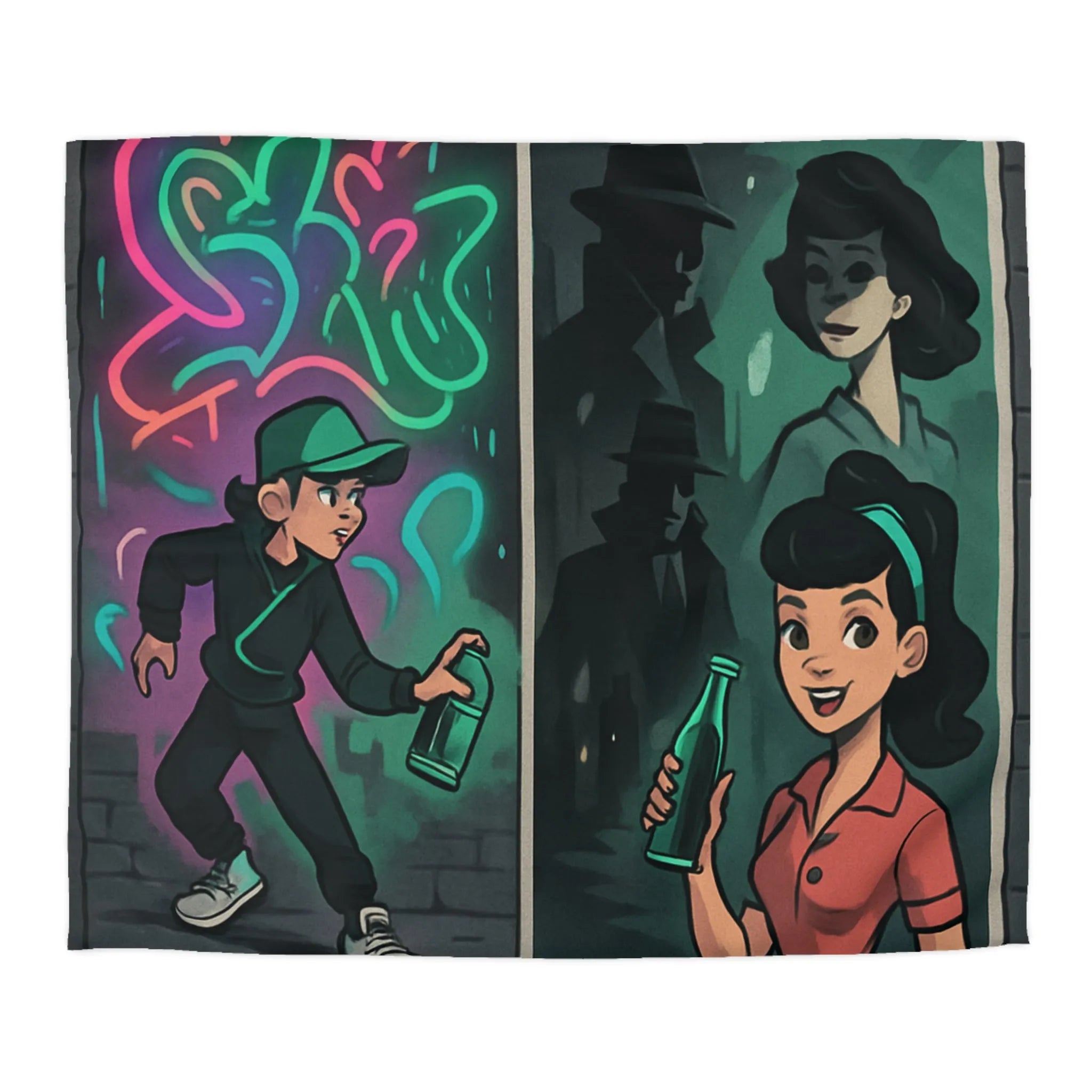 Housse de couette illustrée avec scène de rue colorée et personnages mystérieux