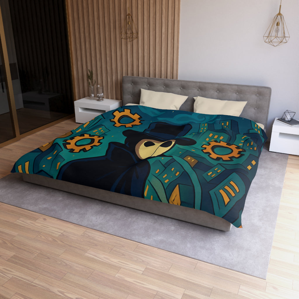 Housse de couette mystérieuse avec personnage masqué, engrenages dorés et ville nocturne