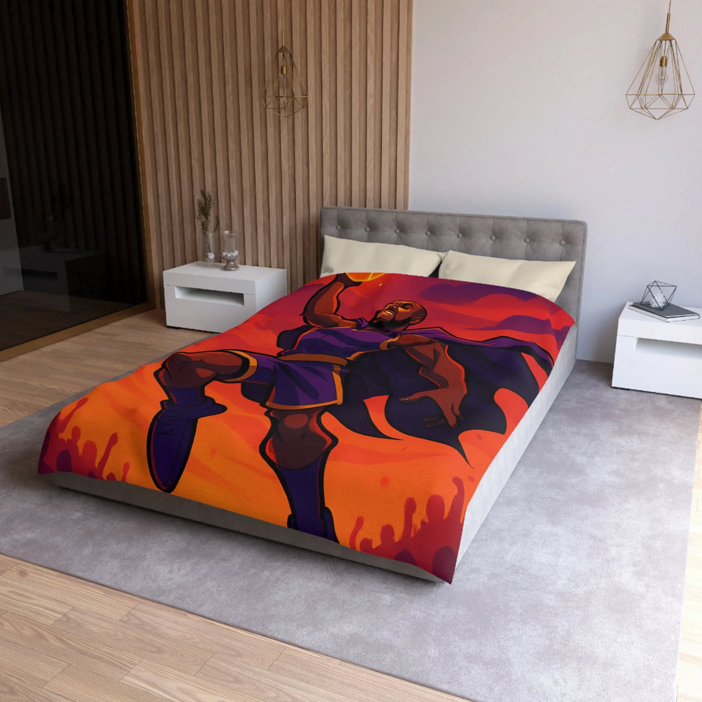 Housse de couette homme volant avec cape et ballon lumineux sur fond orange