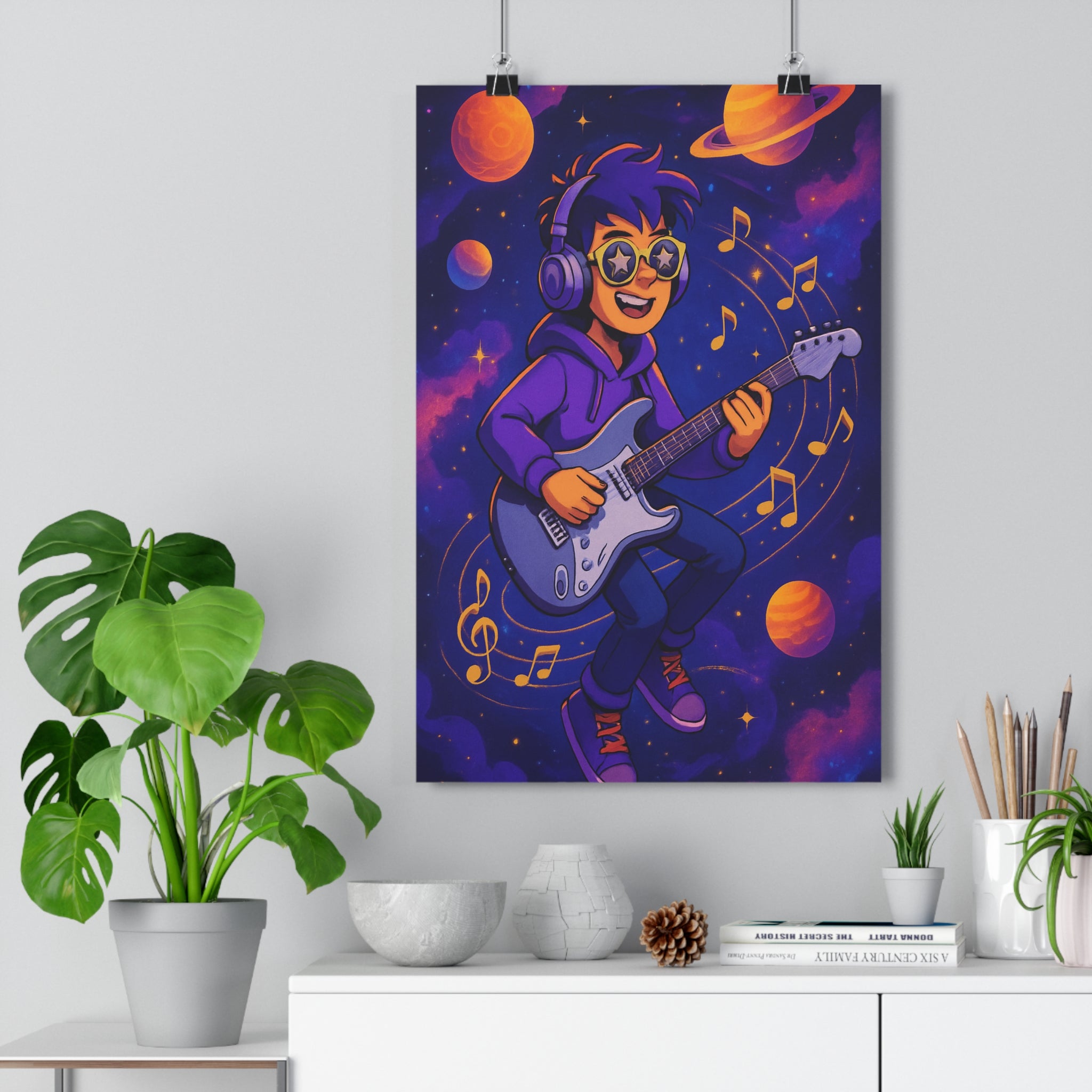 Poster décoratif coloré violet orange cartoon ludique chambre enfant espace musique étoile univers guitare