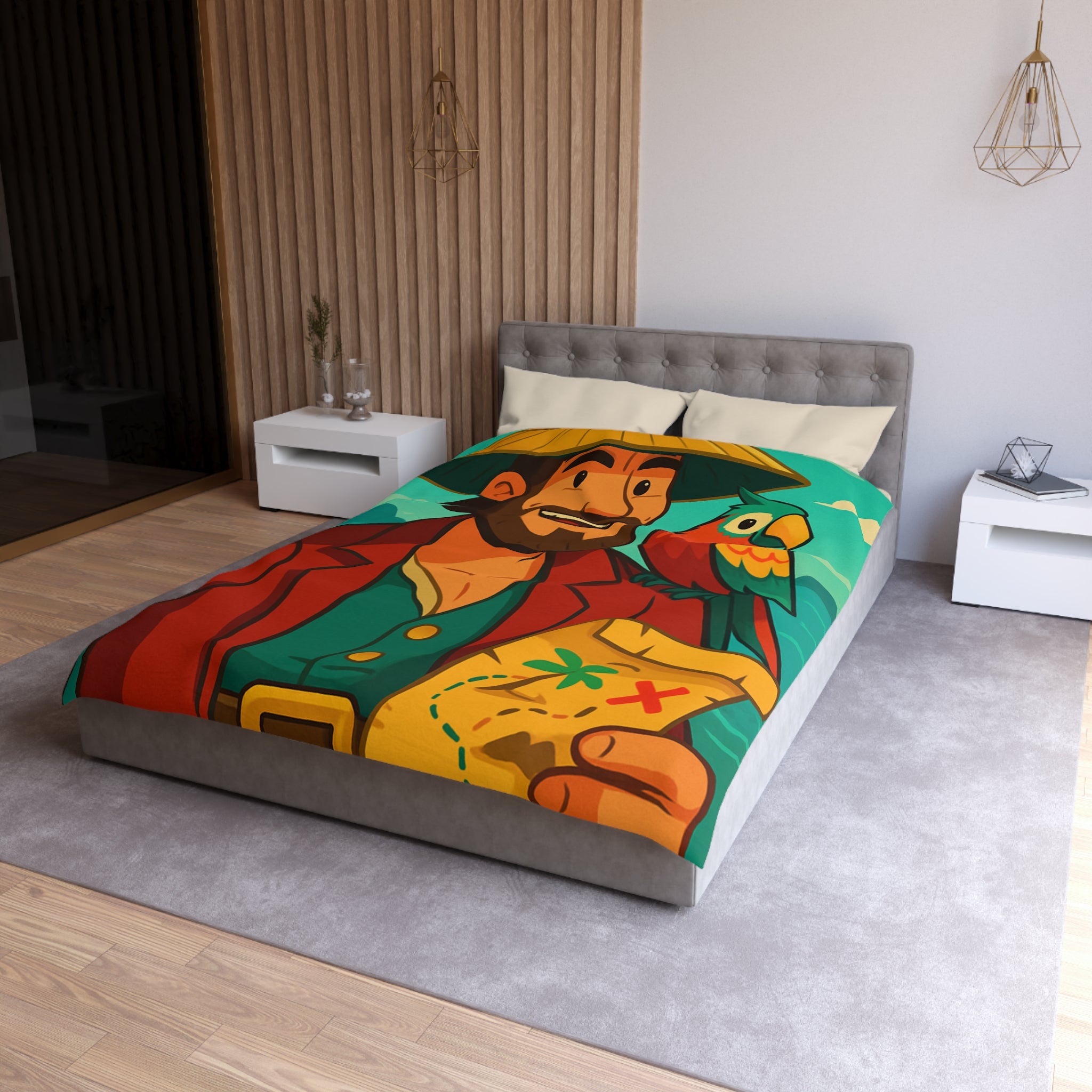 Housse de couette pirate aventurier avec perroquet coloré et carte au trésor illustrée