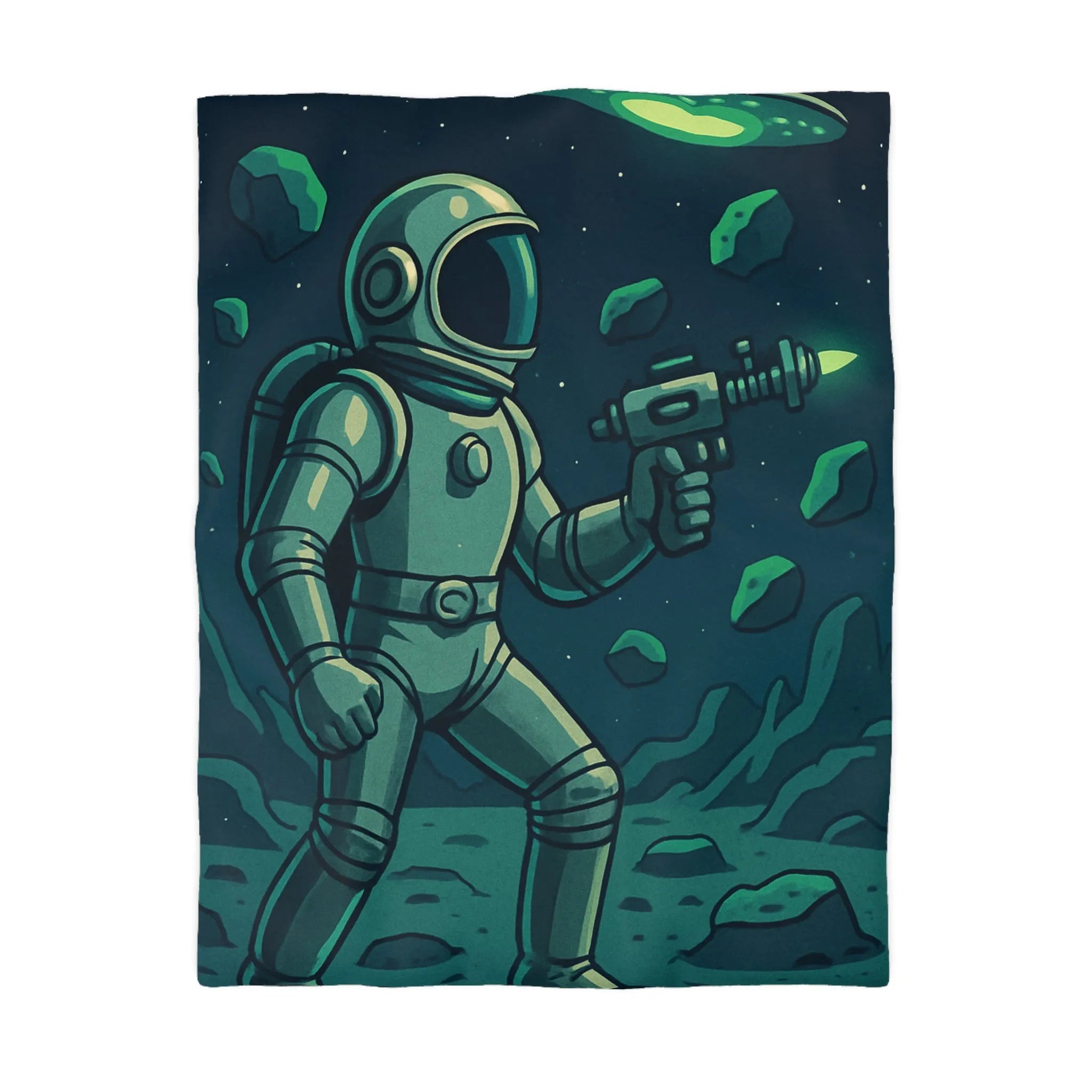 Exploration spatiale rétro avec astronaute et soucoupe volante sur fond nocturne stellaire