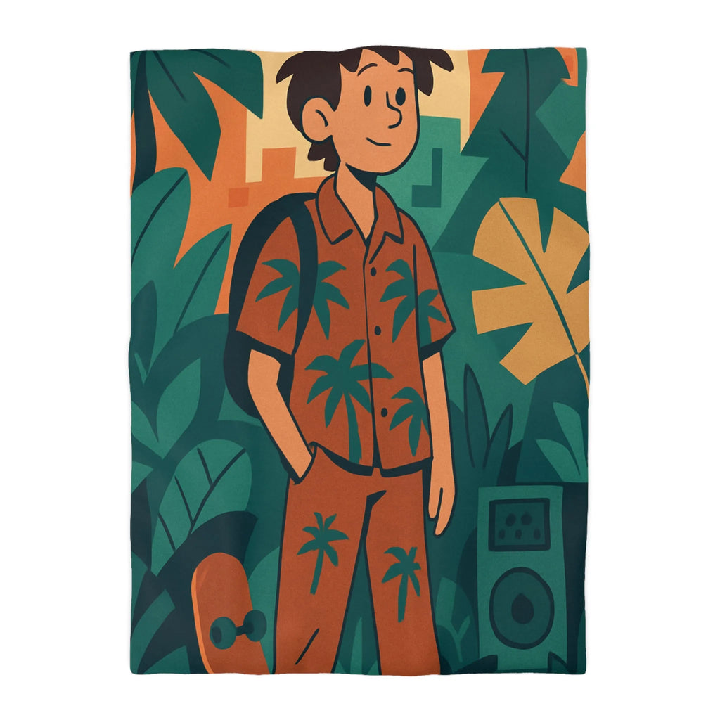 Housse de couette exotique ado, ambiance tropicale, skateboard et palmiers, style graphique coloré