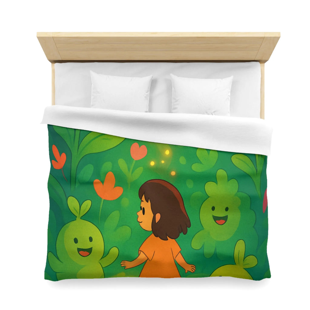 Housse de couette enfant avec fleurs colorées et créatures joyeuses dans forêt magique