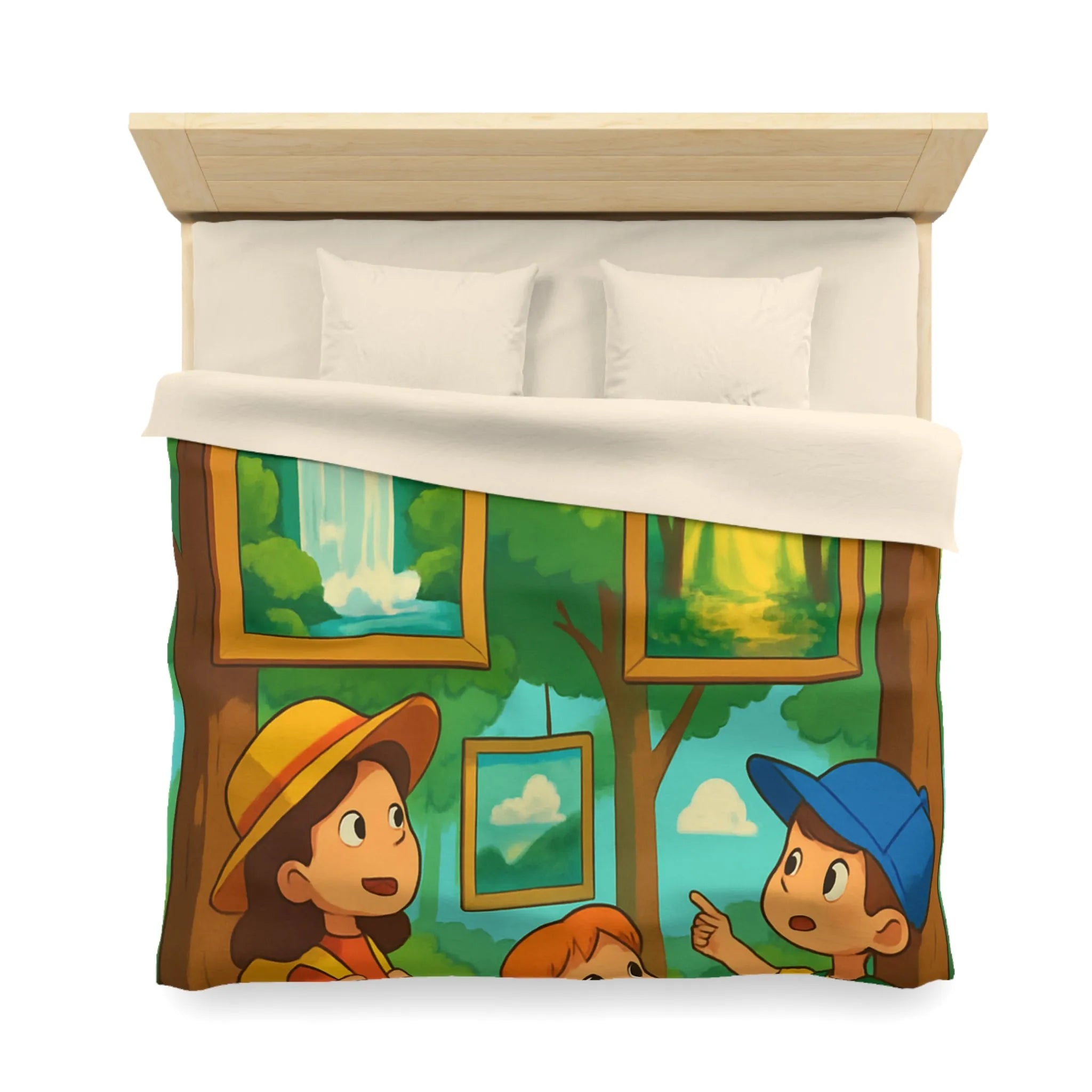 Housse de couette enfantine avec scène de forêt, cascades et exploration nature féérique