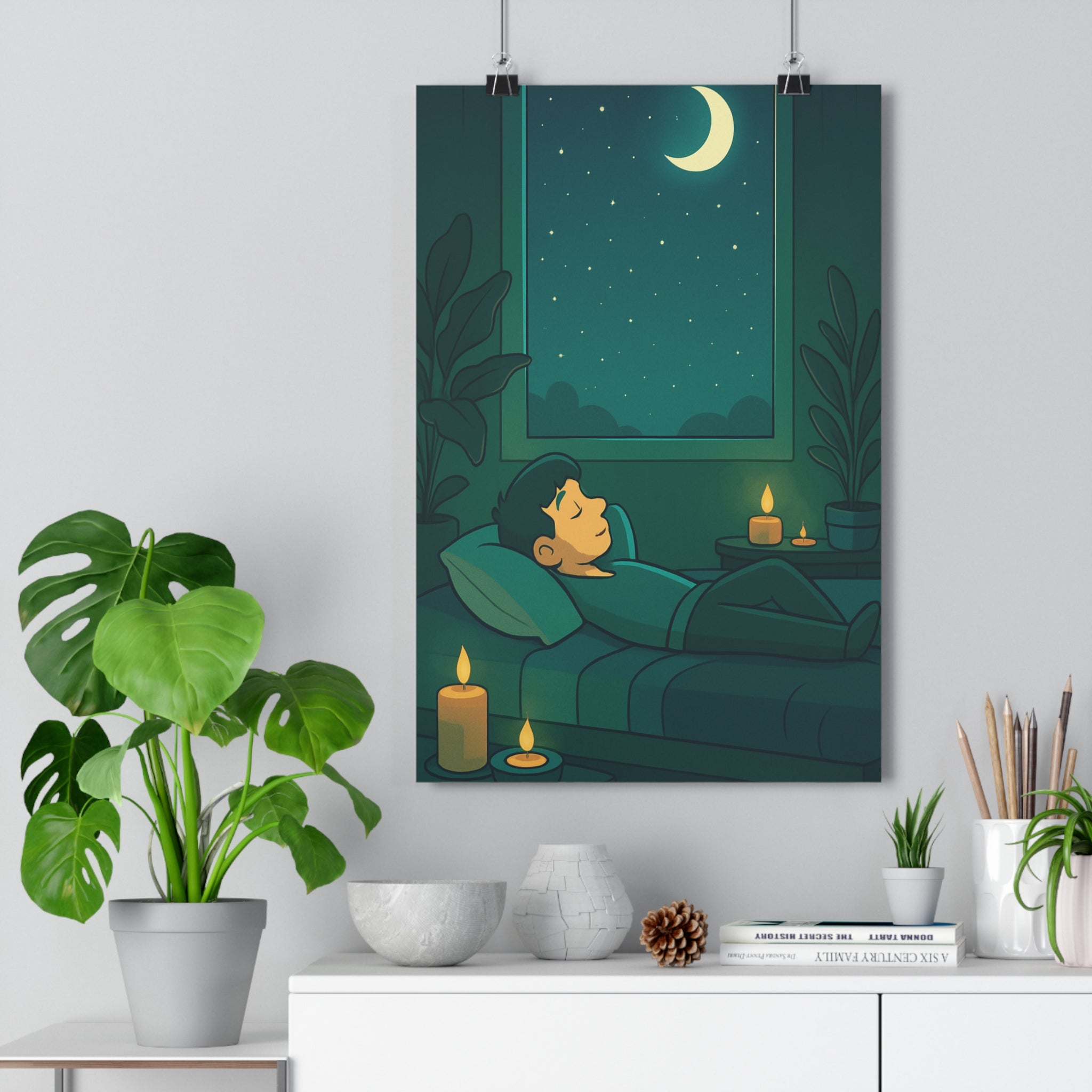 Poster décoratif dessin animé chambre adulte plantes vertes bougies ciel étoilé lune nuit qualité