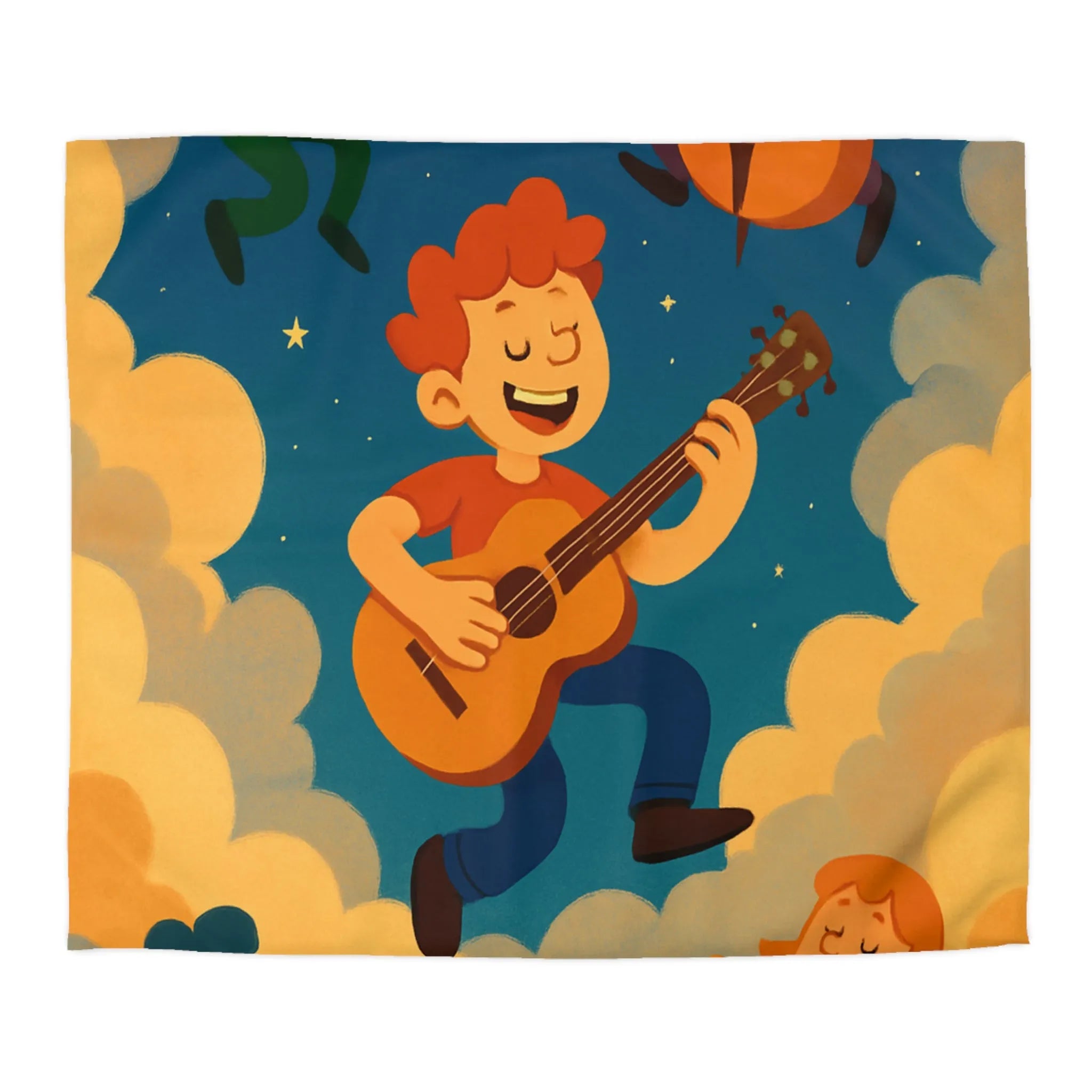 Housse de couette colorée avec musiciens joyeux flottant parmi les nuages étoilés