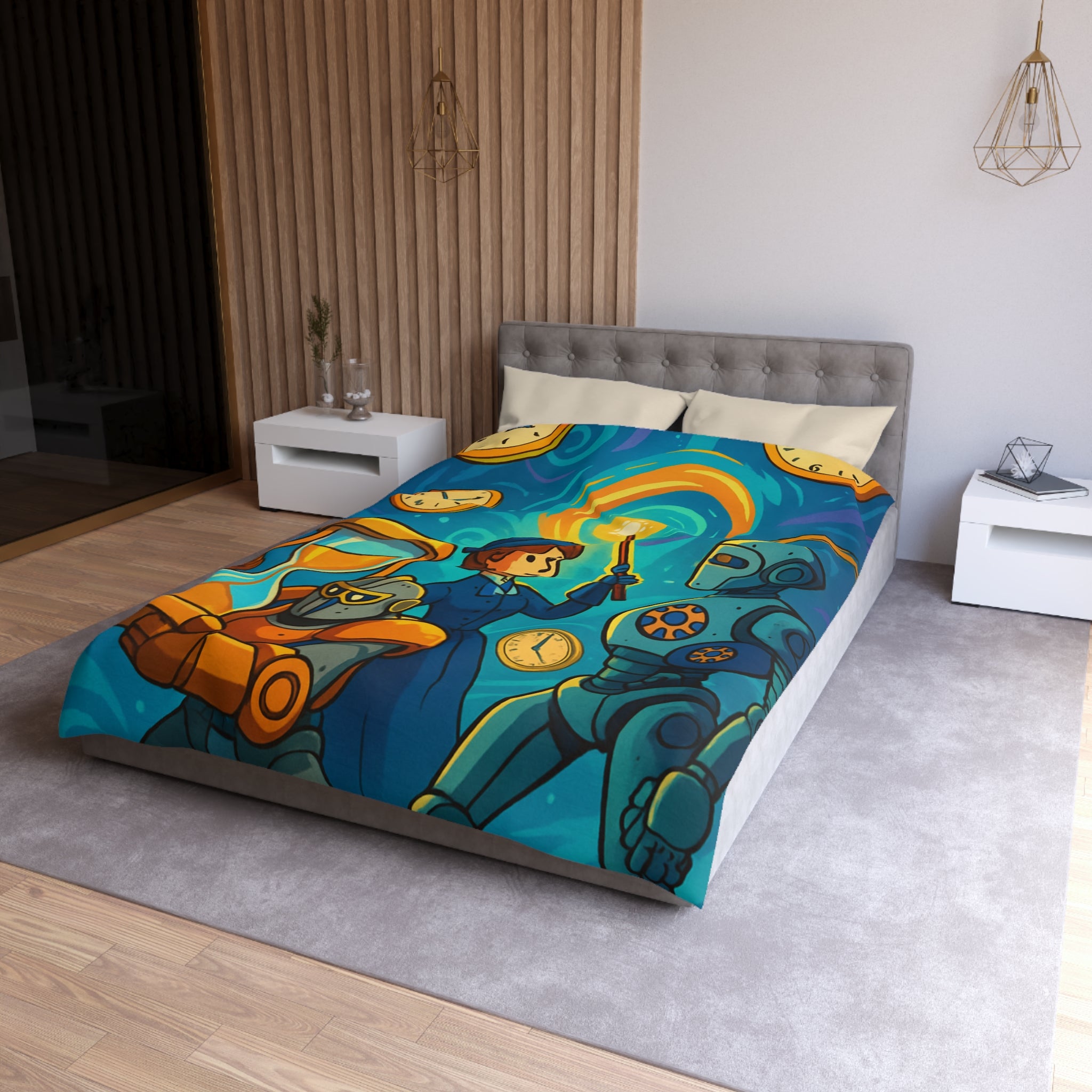 Housse de couette thème science fiction avec robots et horloges pour chambre moderne