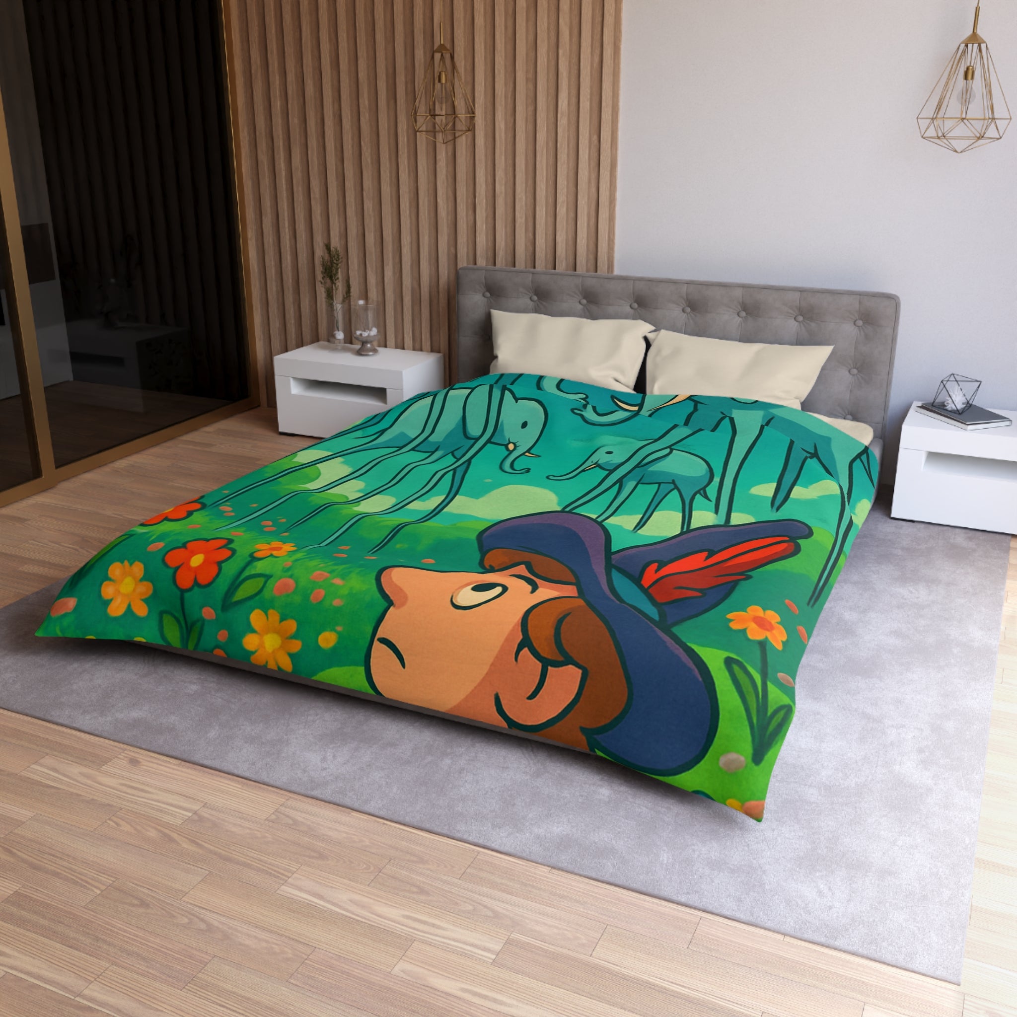 Housse de couette thème surréaliste éléphants géants couleur vive pour chambre artistique