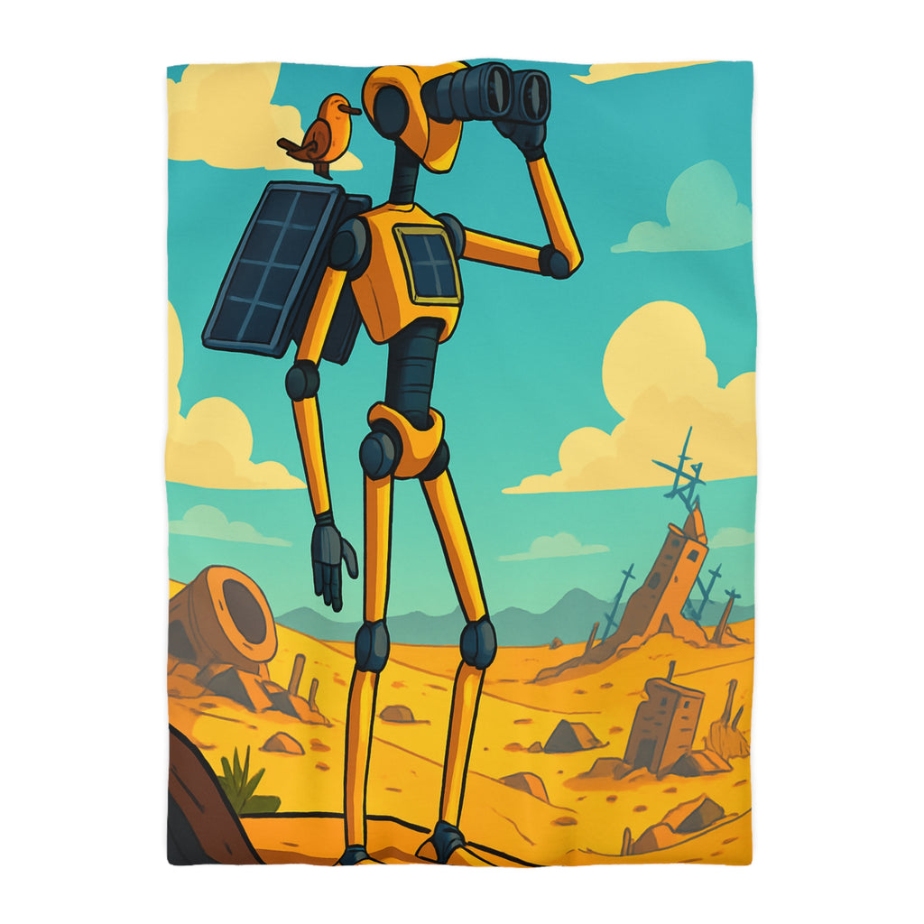 Housse de couette robot jaune explorateur dans désert post-apocalyptique avec oiseau