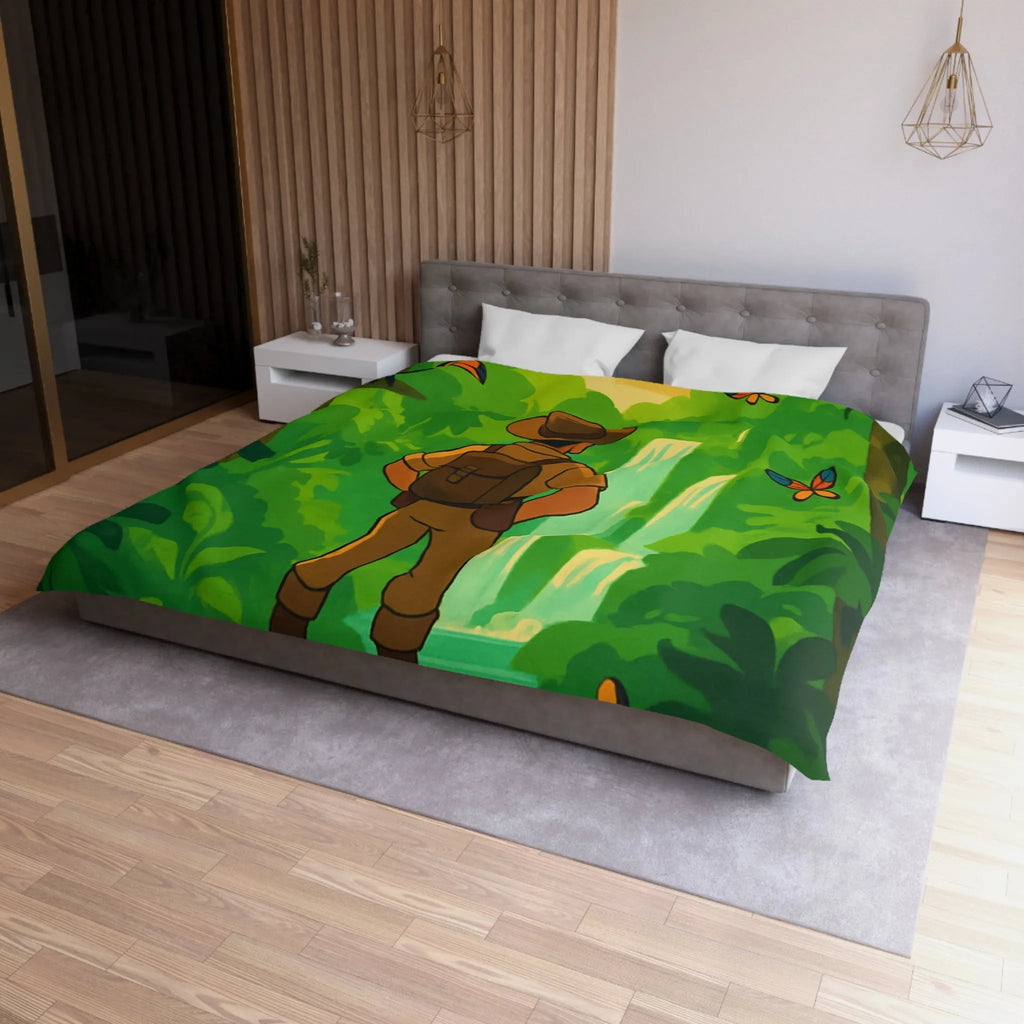 Housse de couette jungle exotique avec explorateur, toucan et paysages luxuriants