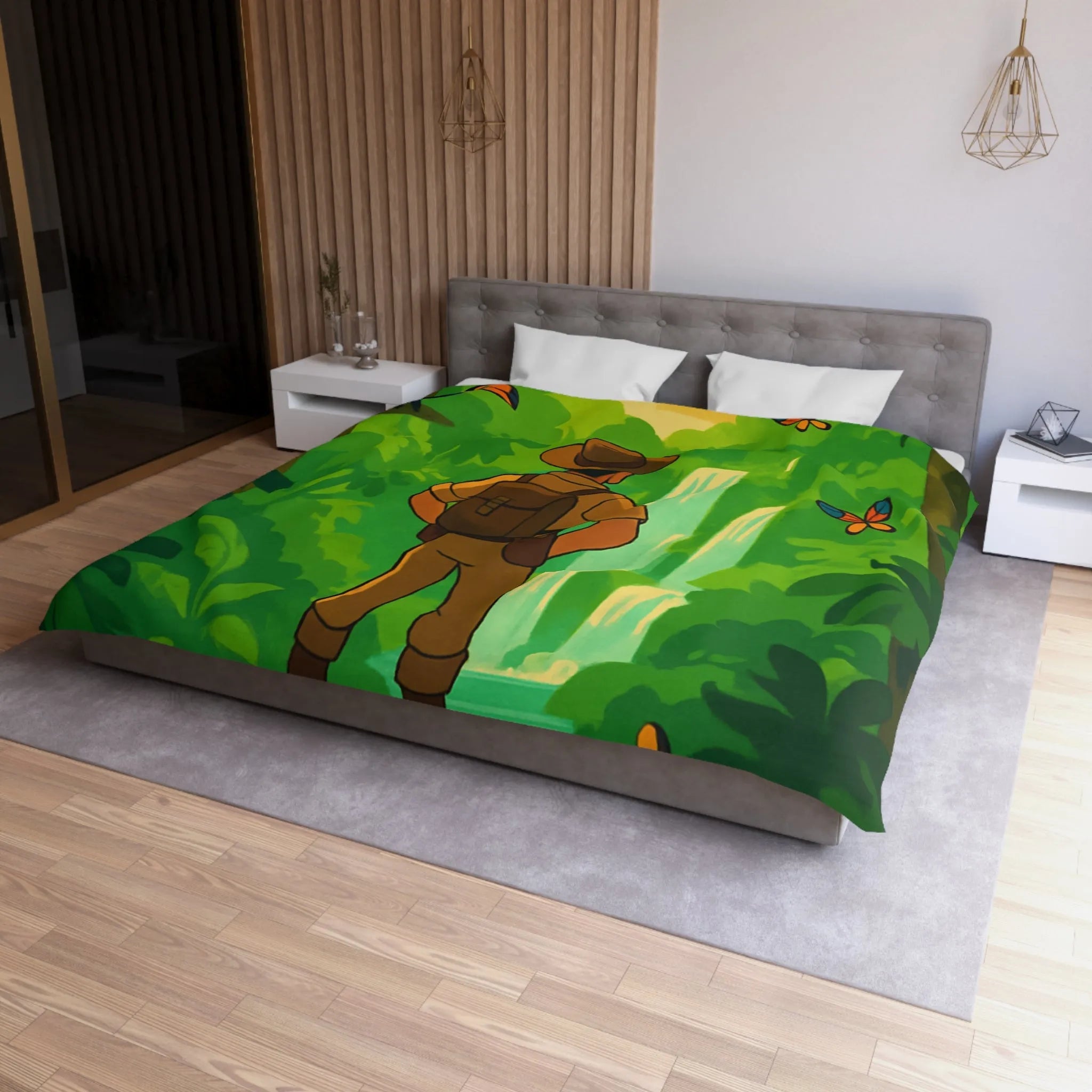 Housse de couette jungle exotique avec explorateur, toucan et paysages luxuriants