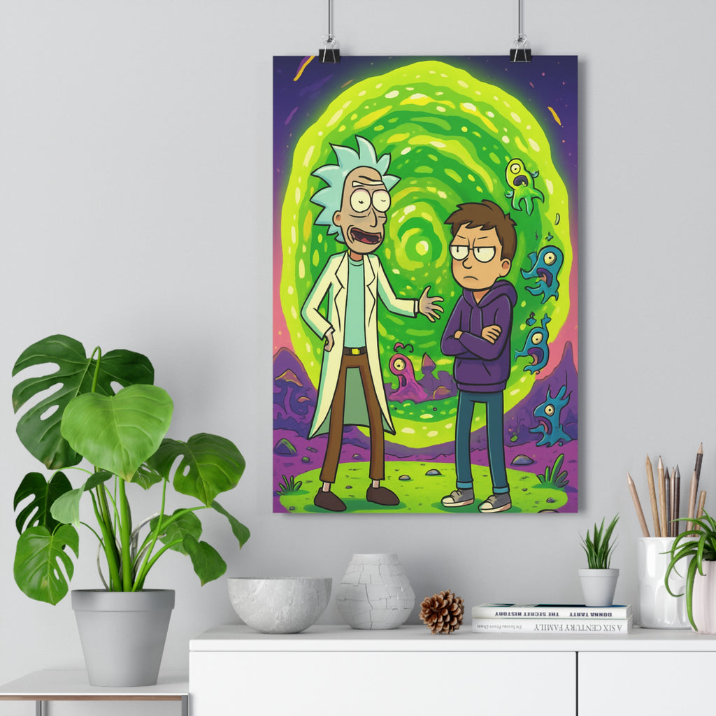 Poster décoratif surréaliste vert animé chambre paysage créatures colorées fantaisie interdimensionnel ambiance 30x46 cm