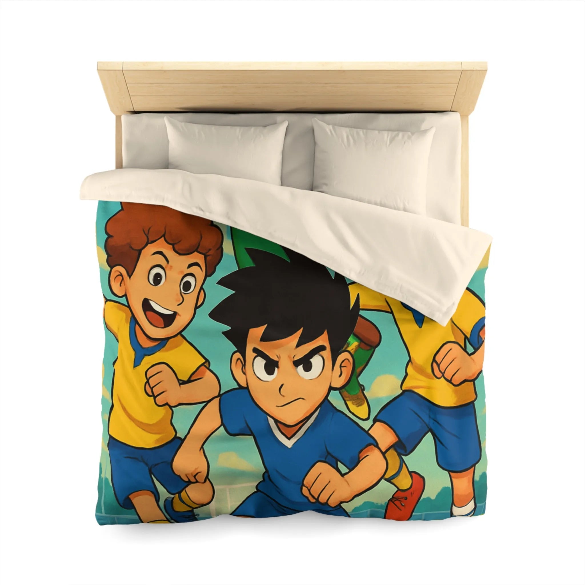 Housse de couette football enthousiaste pour enfants avec joueurs en action et ciel bleu