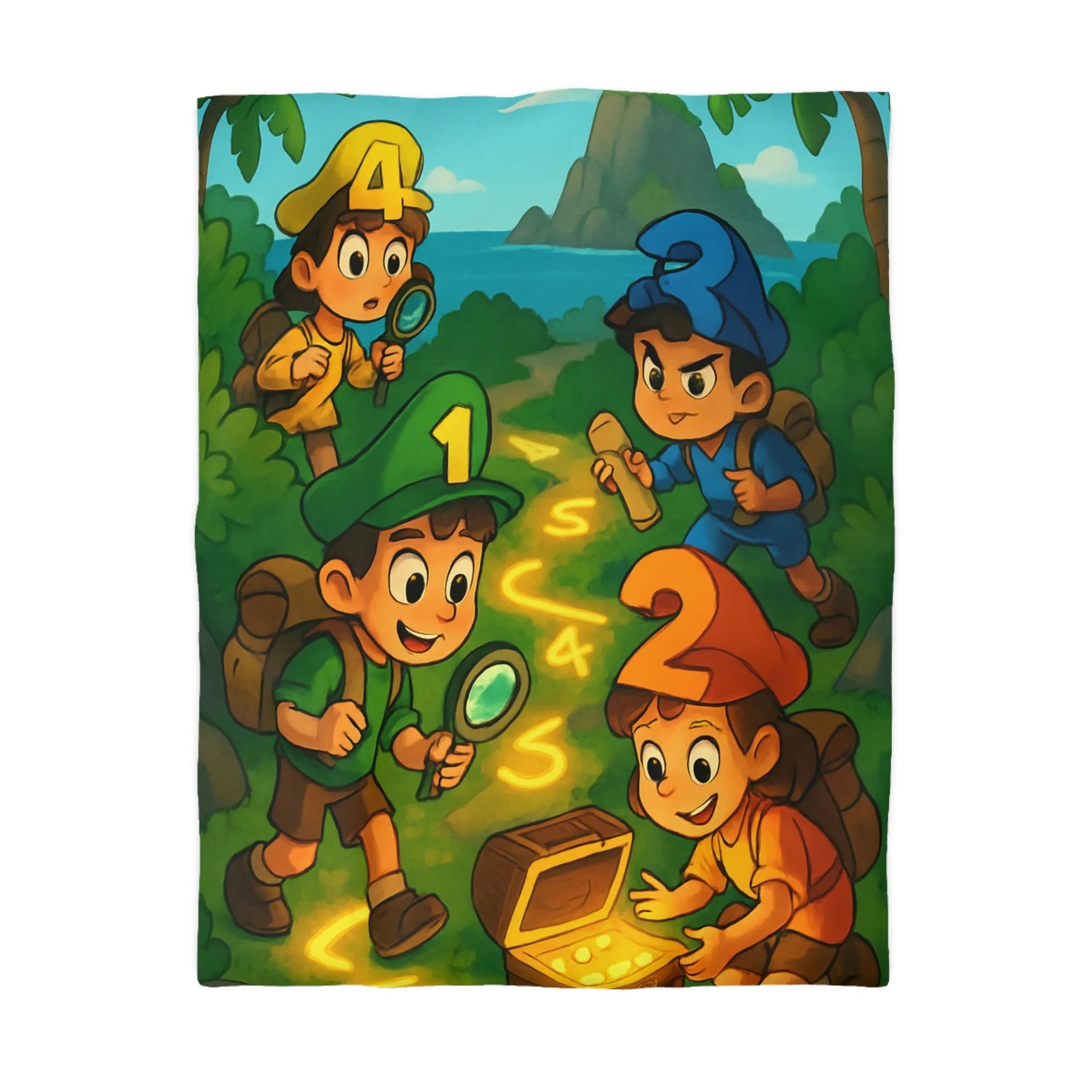 Housse de couette aventure enfants, chasse au trésor avec île et personnages joyeux