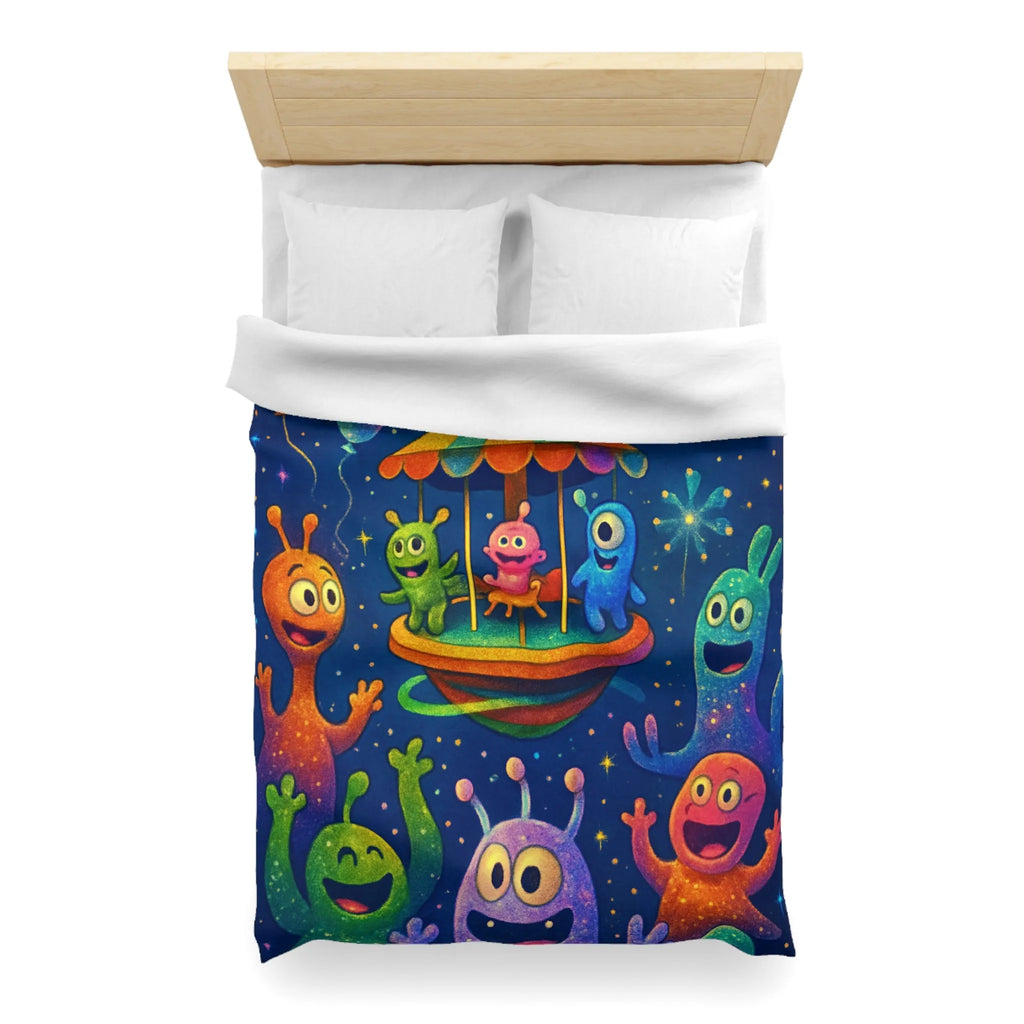 Housse de couette aux créatures extraterrestres colorées sous feux d'artifice et ballons colorés