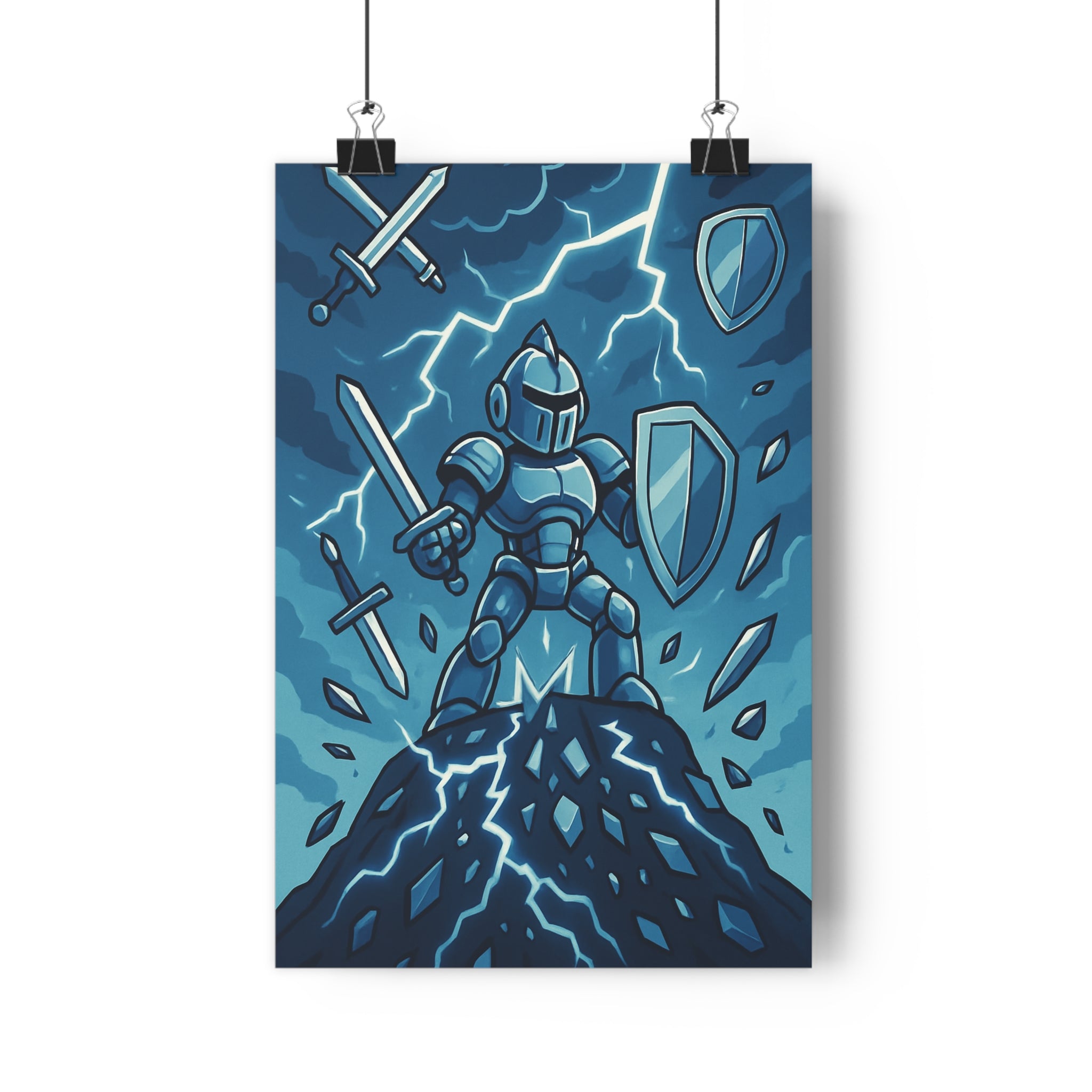 Poster décoratif chevalier bleu cartoon épique futuriste chambre bureau intense éclairs fer 30x46 qualité