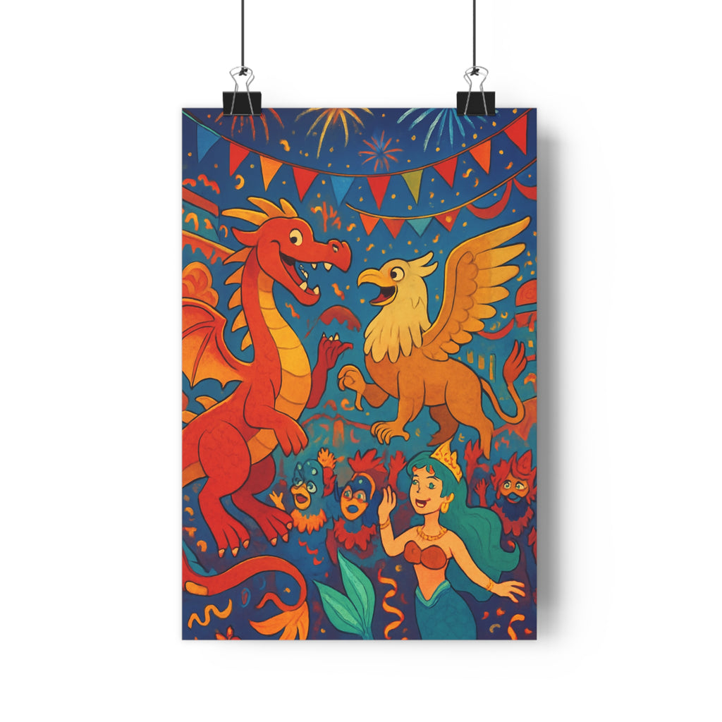 Poster décoratif créatures mythiques rouge doré cartoon joyeux chambre enfant fantastique couleurs vives art