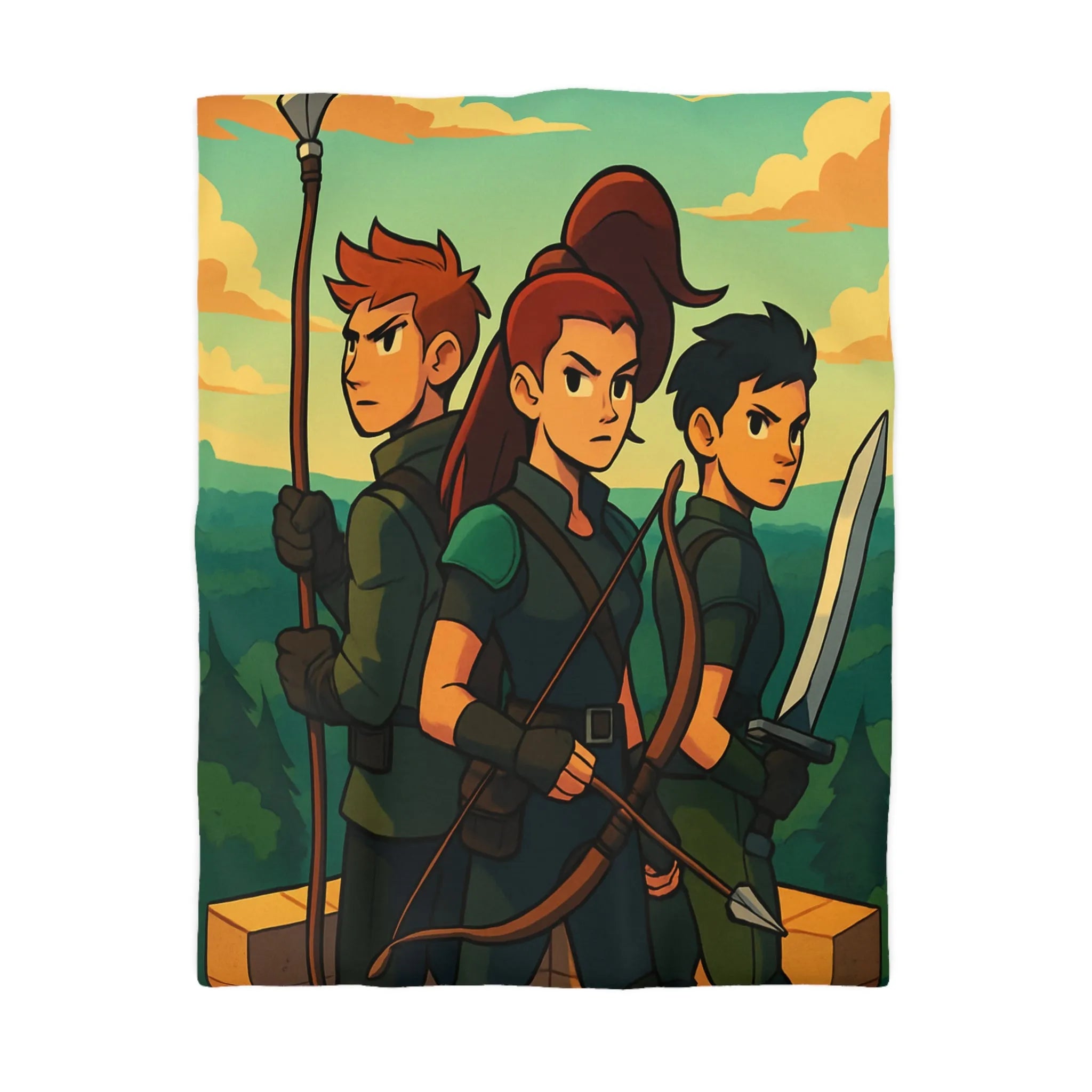 Housse de couette illustrée trois héros médiévaux arc épée forêt château aube