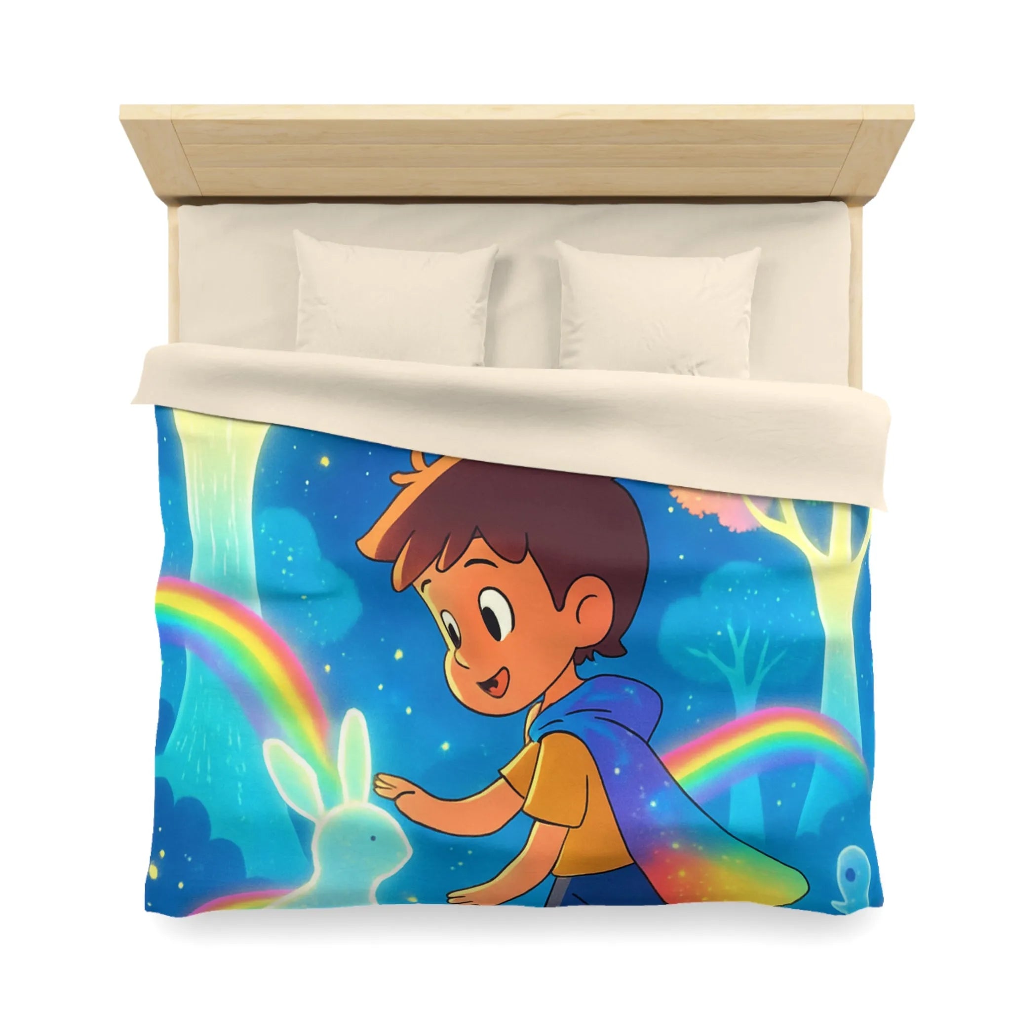 Housse de couette enfantine aux créatures lumineuses et arcs-en-ciel dans forêt enchantée