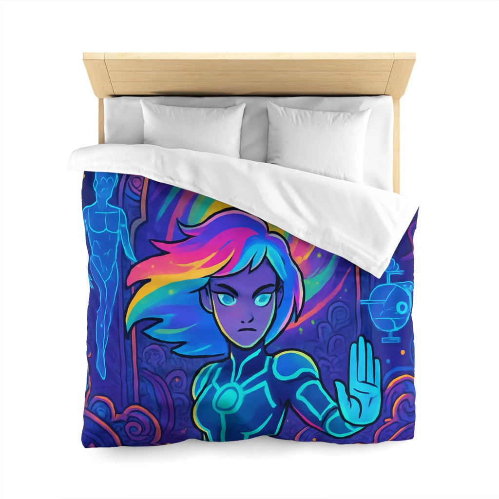 Housse de couette futuriste avec design néon multicolore et personnage dynamique