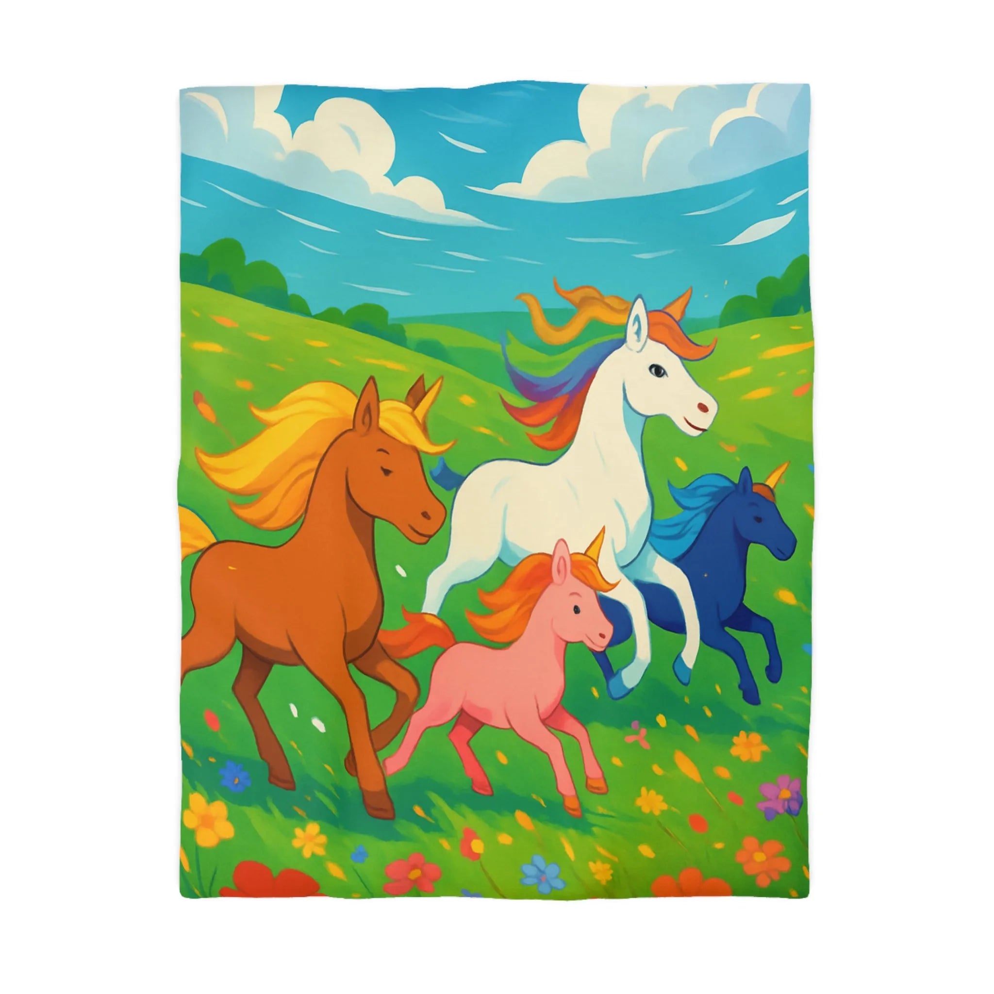 Housse de couette colorée avec prairies luxuriantes et chevaux arc-en-ciel en galop