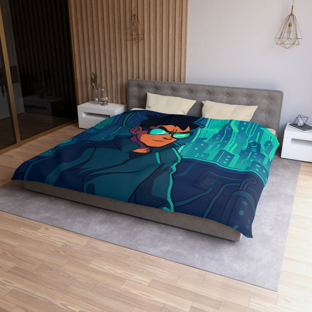 Housse de couette urbaine homme élégant en manteau dans appartement futuriste avec écran